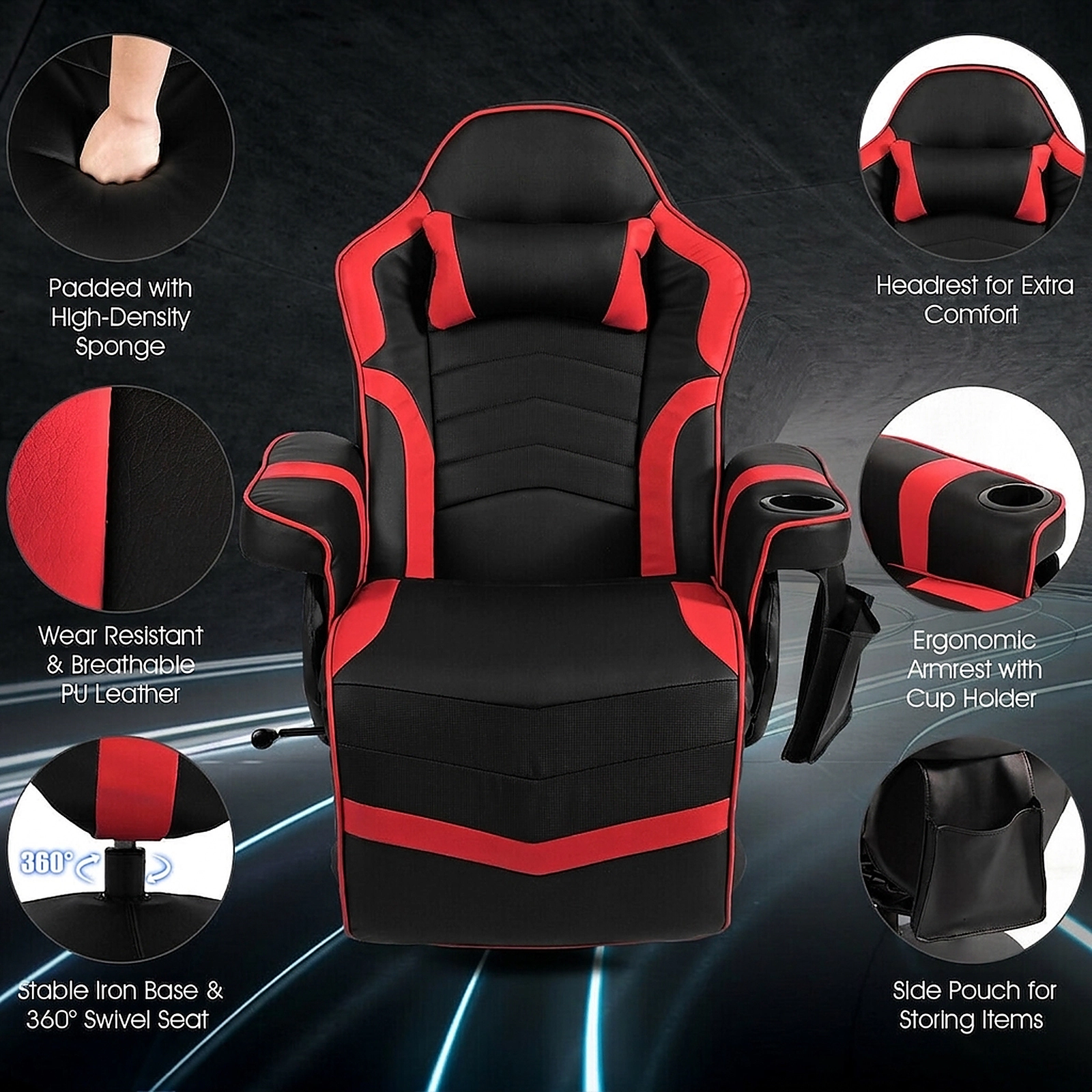 SUGIFT Ergonomic High Back Massage Gaming Chair with Pillow 264.5-lb Capacity Red