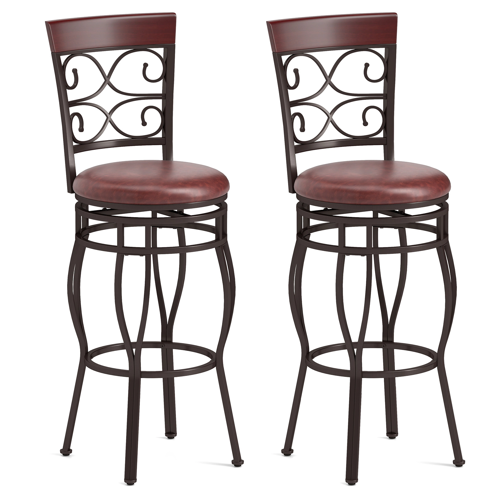 SUGIFT 2-Piece 30-in 360-Degree Swivel Bar Stools with Leather Padded Seat 300-lb Capacity Brown