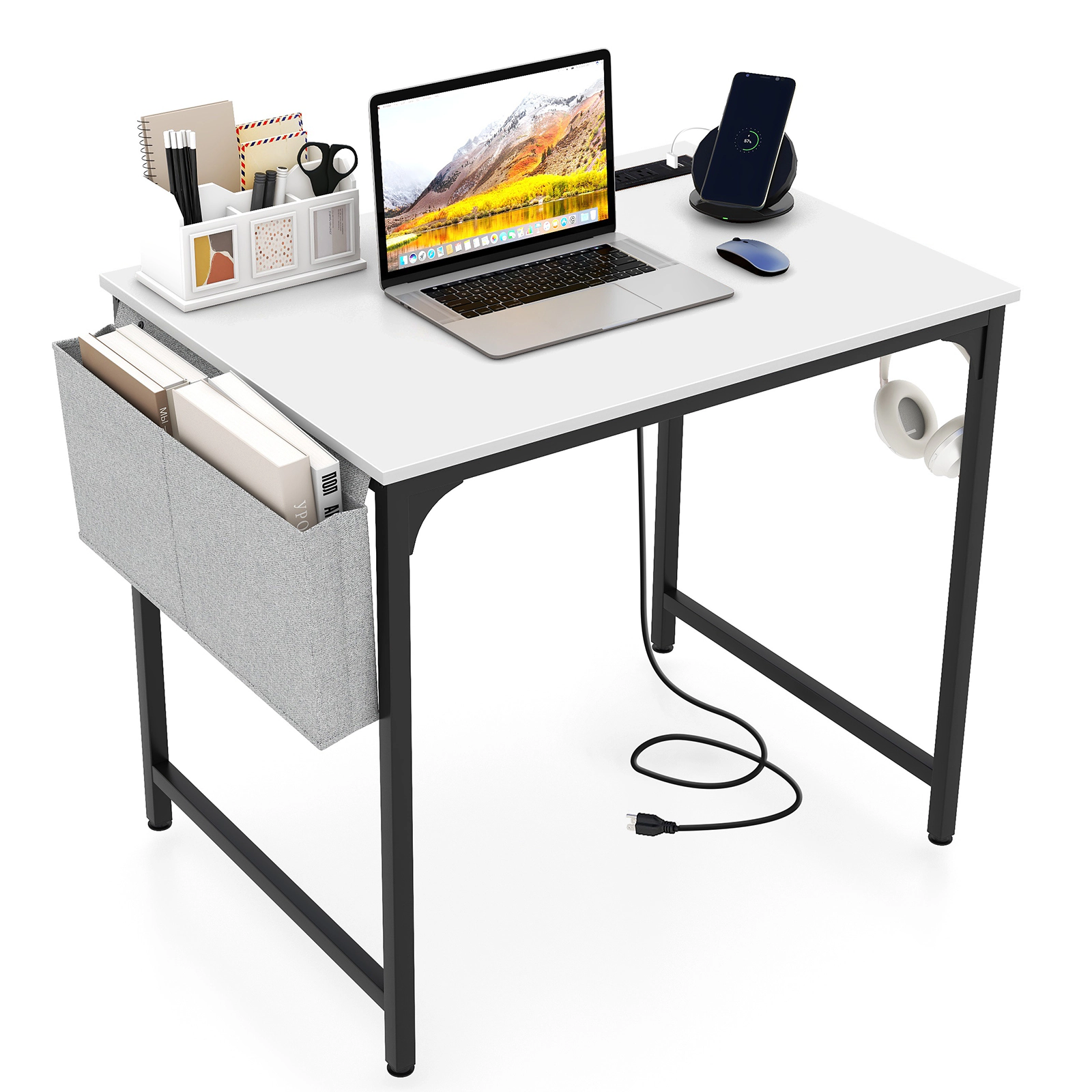 SUGIFT Small Home Office Computer Desk with Charging Station 210-lb Desktop Capacity White + Black