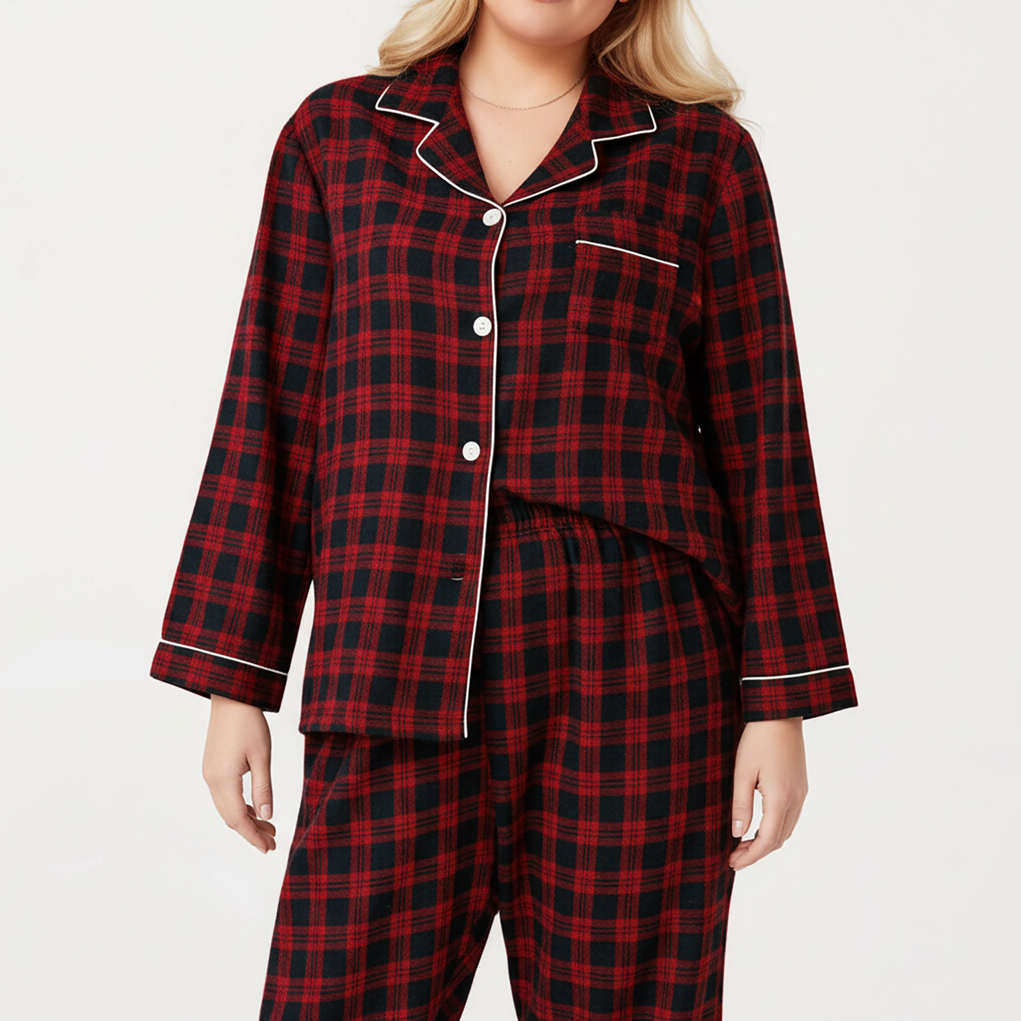 Anna-Kaci Women's Plus 2-Piece Plaid Button Front Pajama Top with Soft Brushed Fabric Matching Relaxed-Fit Pants