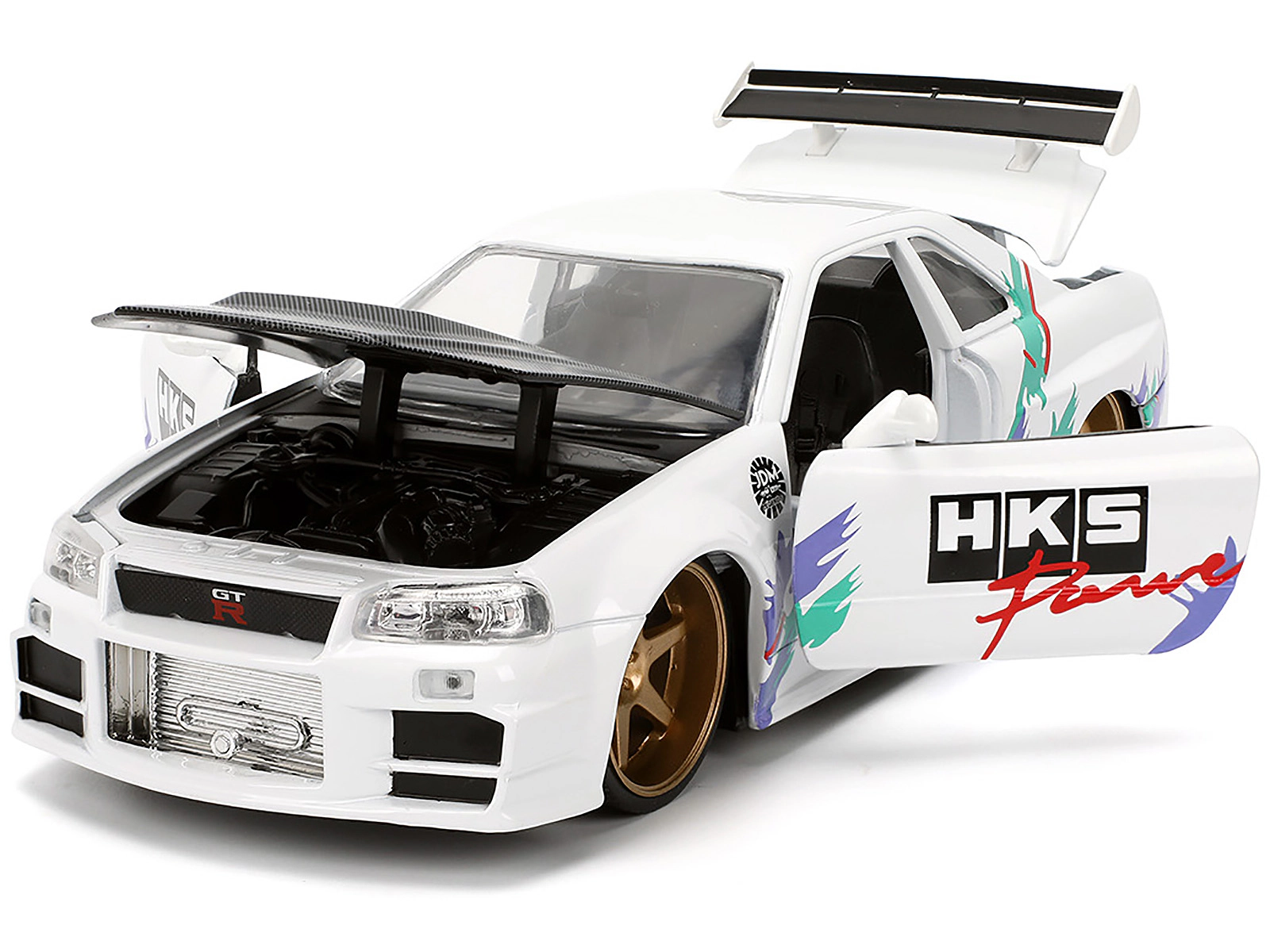 Jada 2002 Nissan Skyline GT-R (R34) RHD (Right Hand Drive) "HKS Power" White with Carbon Hood and Graphics