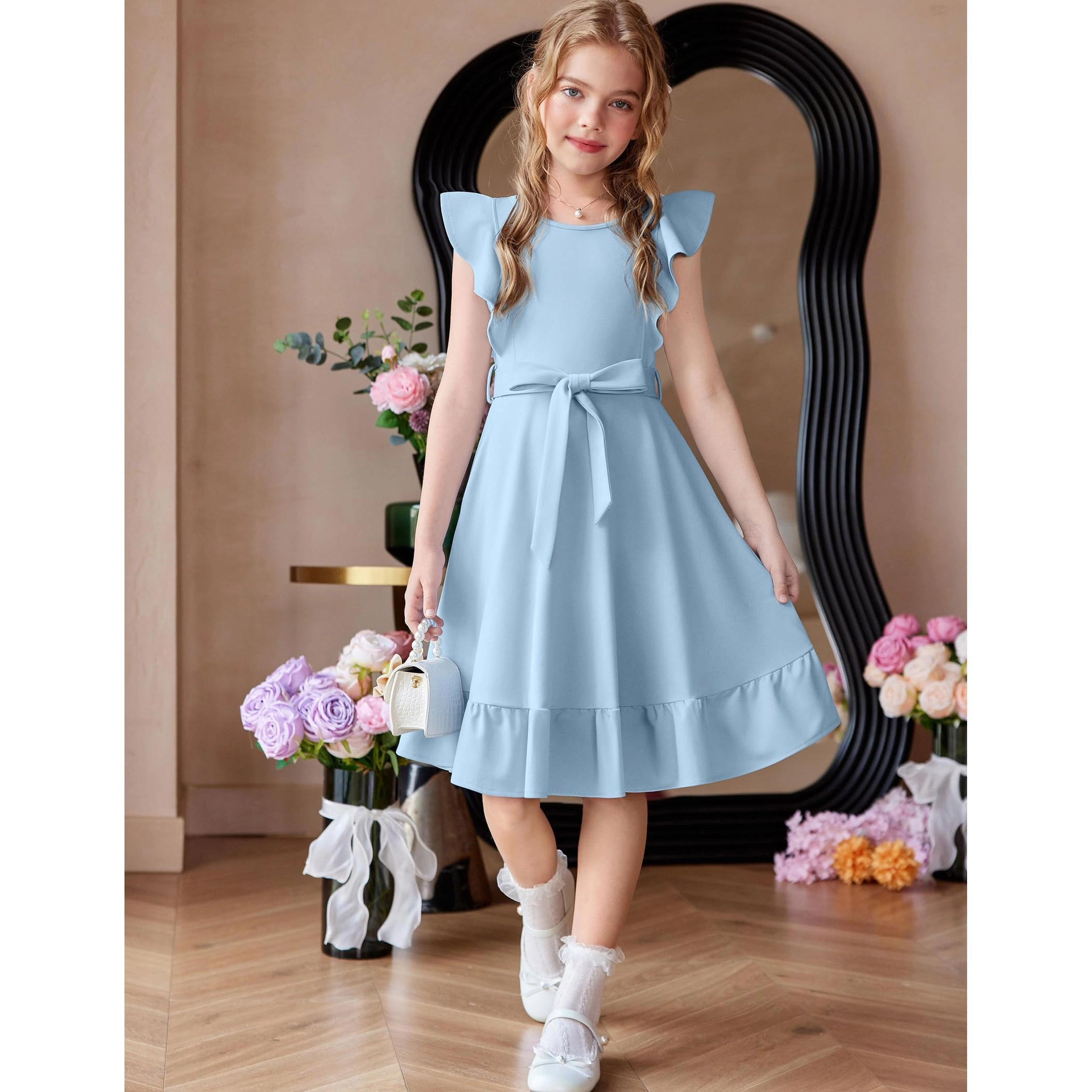Arshiner Girls Spring Summer Dresses Flutter Sleeve Aline With Belted Pockets Casual Party Dress