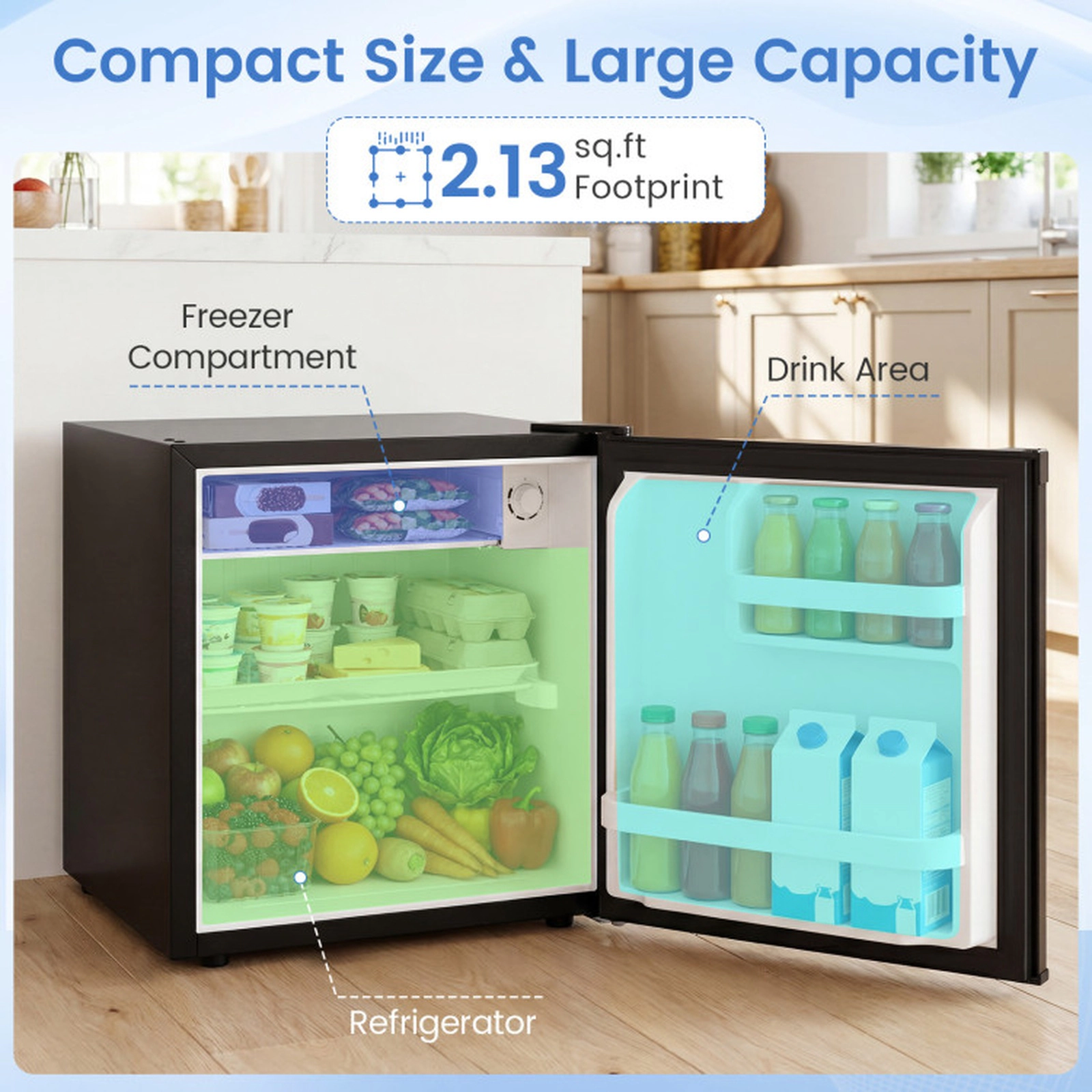 SUGIFT 1.5-cu ft 39-dB Compact Mini Fridge with 7-Level Thermostat Chiller Zone and Reversible Door