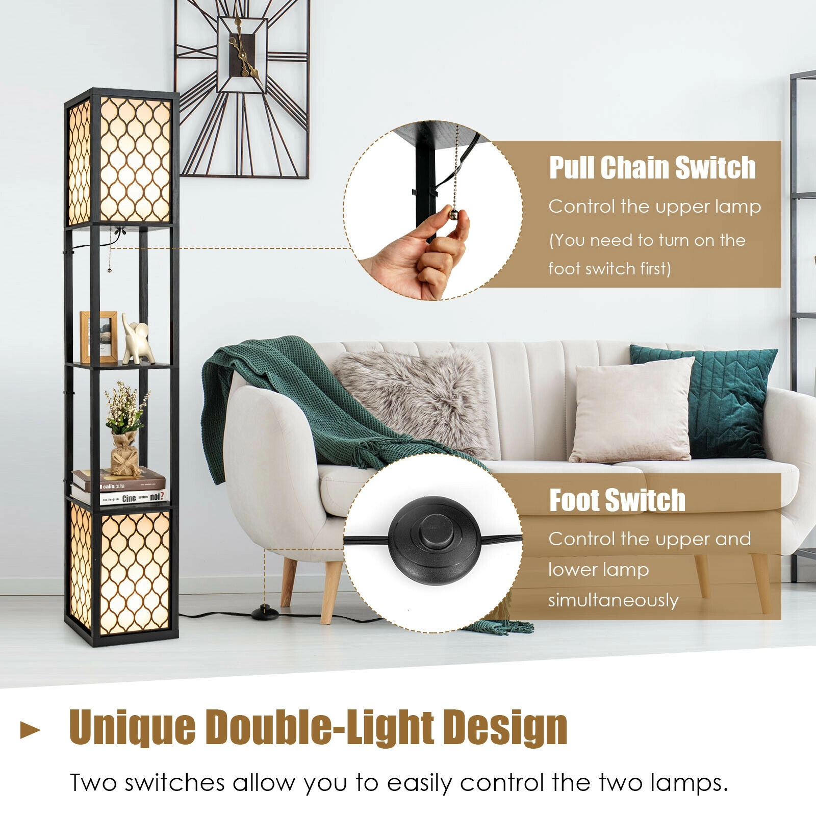 Slickblue 2-Light Shelf Floor Lamp 62in Black White with 2-Tier Storage Shelves Bedroom