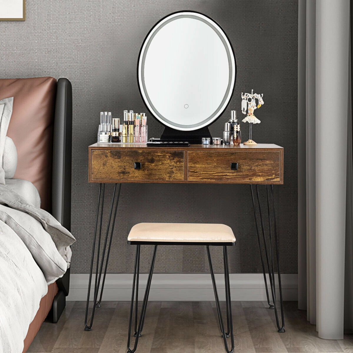 SUGIFT Industrial Makeup Dressing Table with 3 Lighting Modes Vanity and Stool 220-Lb Capacity Rustic Brown