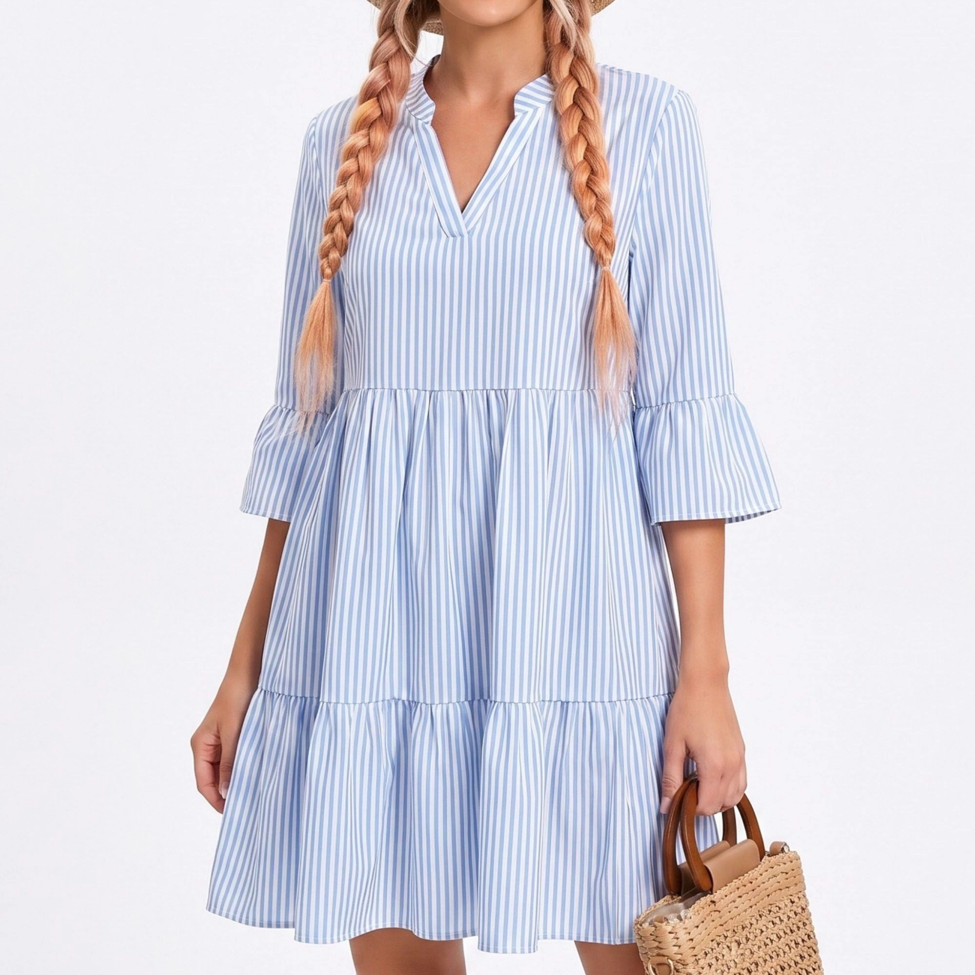 Anna-Kaci Women's Striped Tiered Bell Sleeve Mini Dress