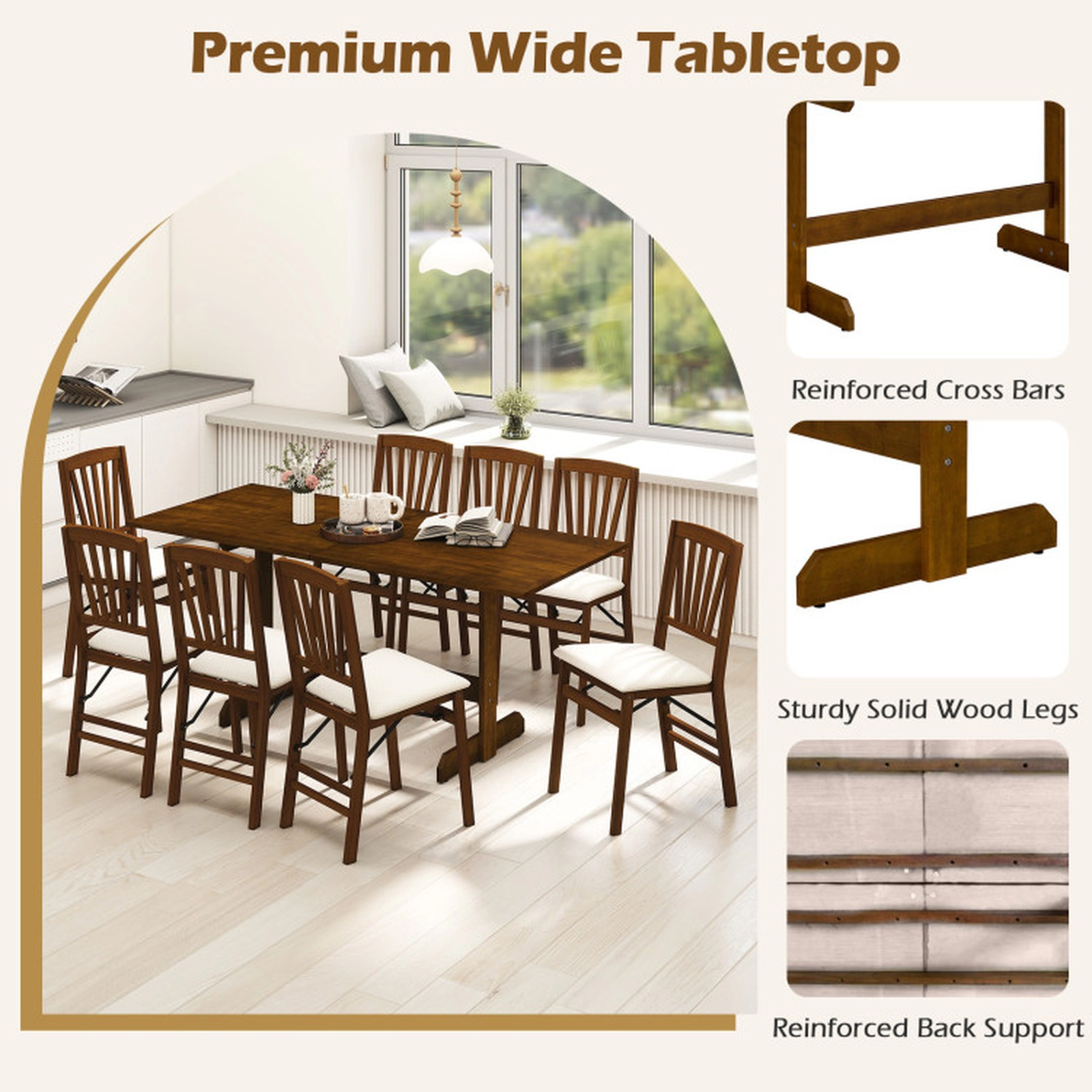 SUGIFT 71 in Walnut Farmhouse Dining Table, Seats 6 to 8