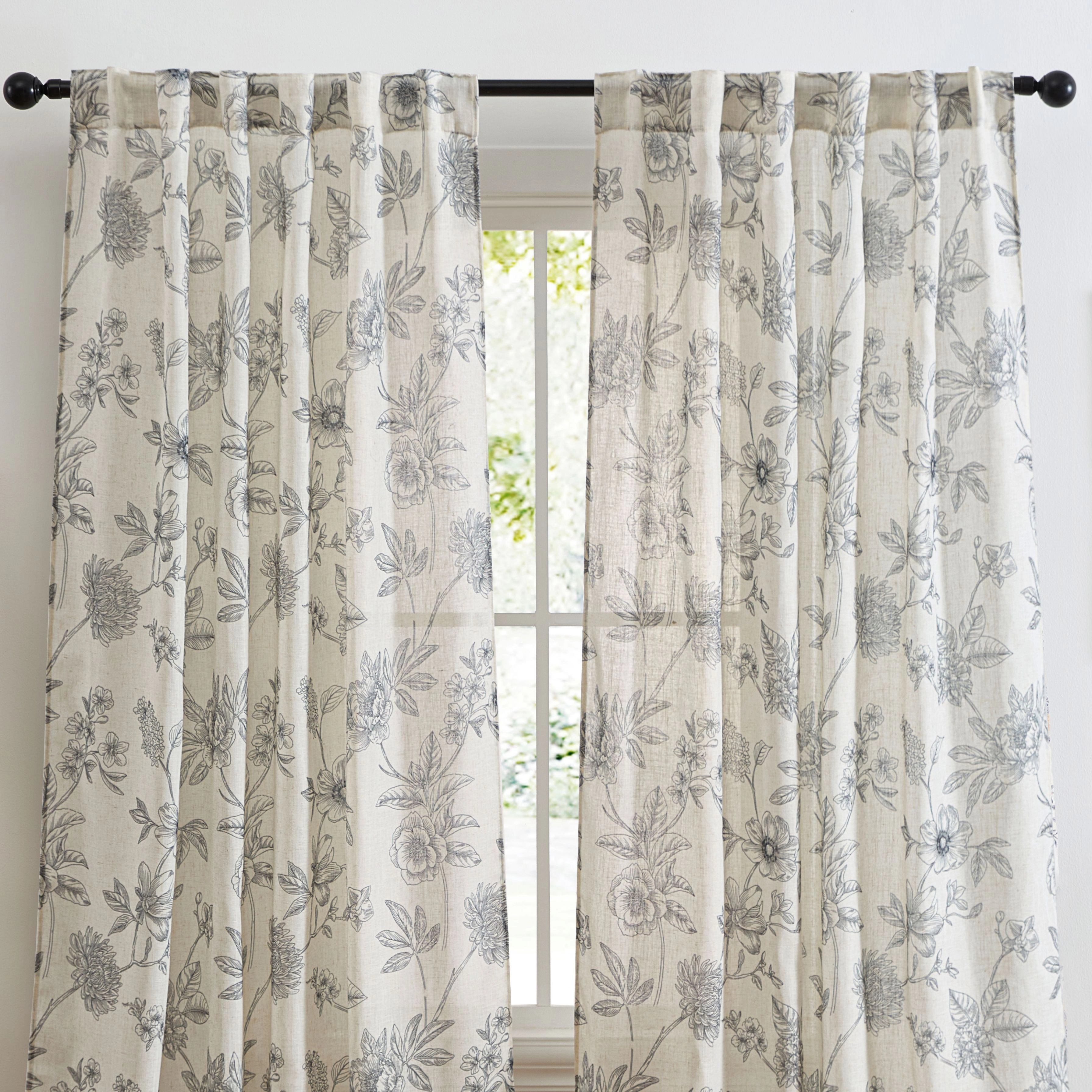 HLC.ME Brookville Linen Floral Print Patterned Curtains - Back Tab Pocket Window Flower Panels, Set of 2