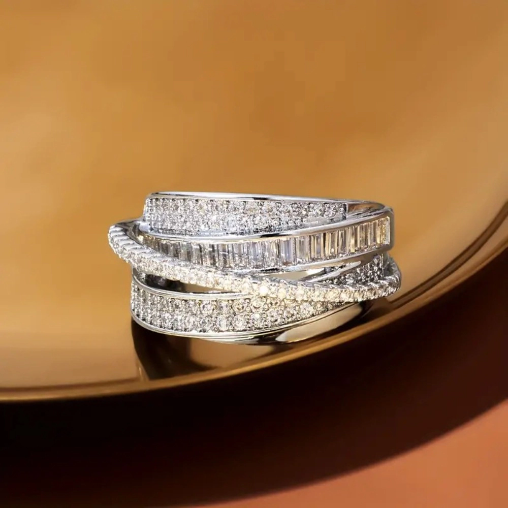 Women Multi-layers Cross Ring Luxury Multilayer Full Paved Zirconia Wide Ring
