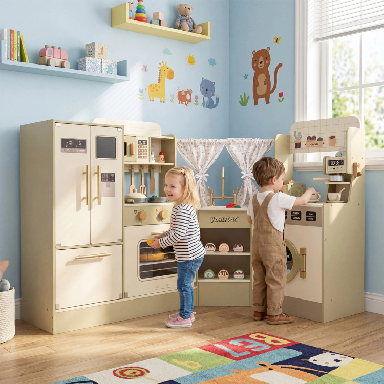 Hivvago Kids Corner Play Kitchen with Faucet and Dishwasher and Stoves