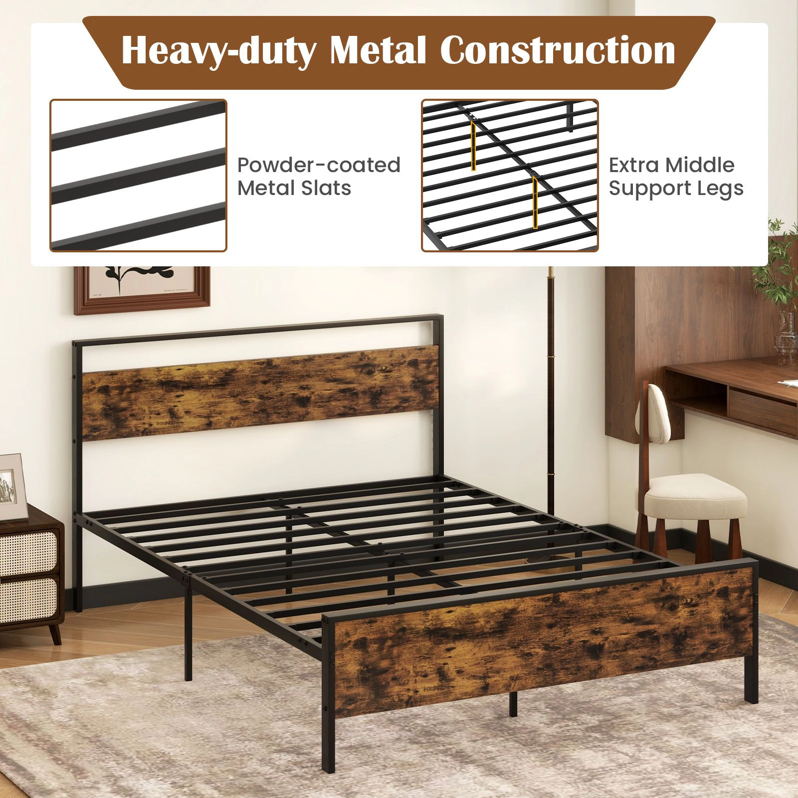SlickBlue Industrial Metal Platform Bed Frame with Wood Headboard