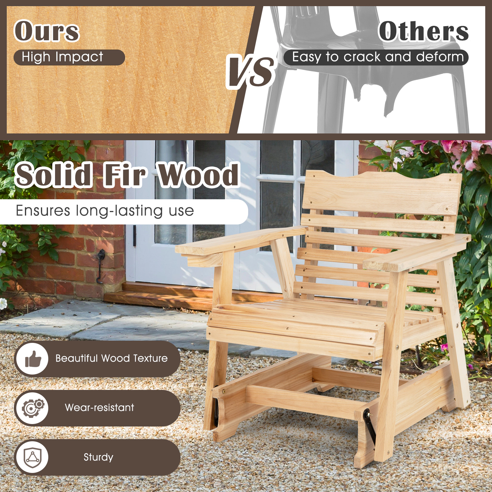 SUGIFT Outdoor Fir Wood Rocking Chair with High Back and Widened Armrests 330-lb Capacity Natural