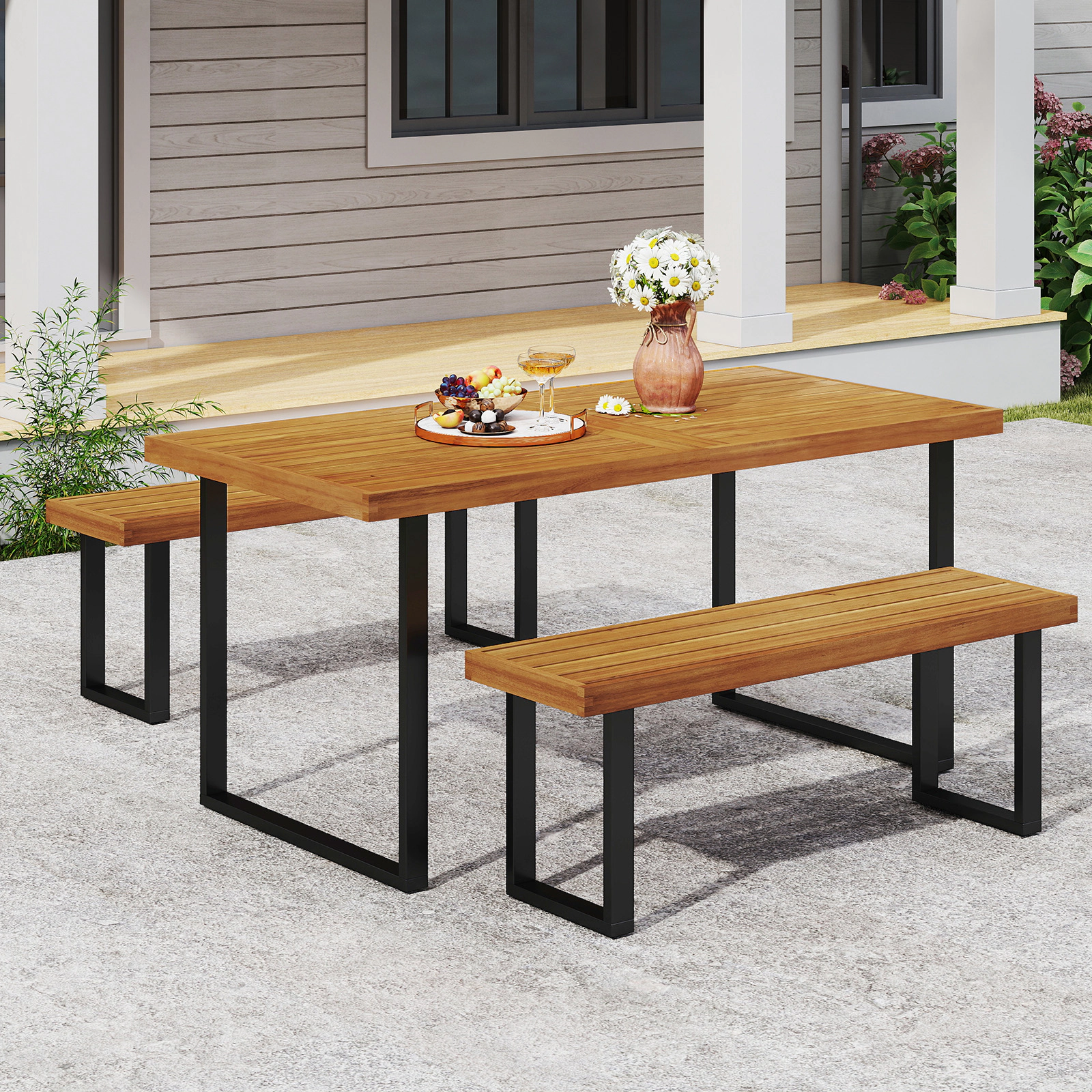 LJG 3 Pieces Patio Dining Table Set 63" Rectangle Table and 2 Backless Bench