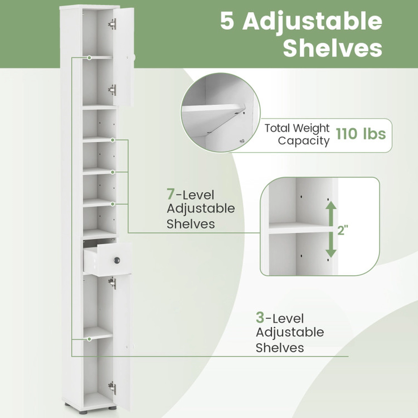 SUGIFT White 110-lb Capacity 8-in Slim Freestanding Bathroom Storage Cabinet with Drawer and 5 Adjustable Shelves