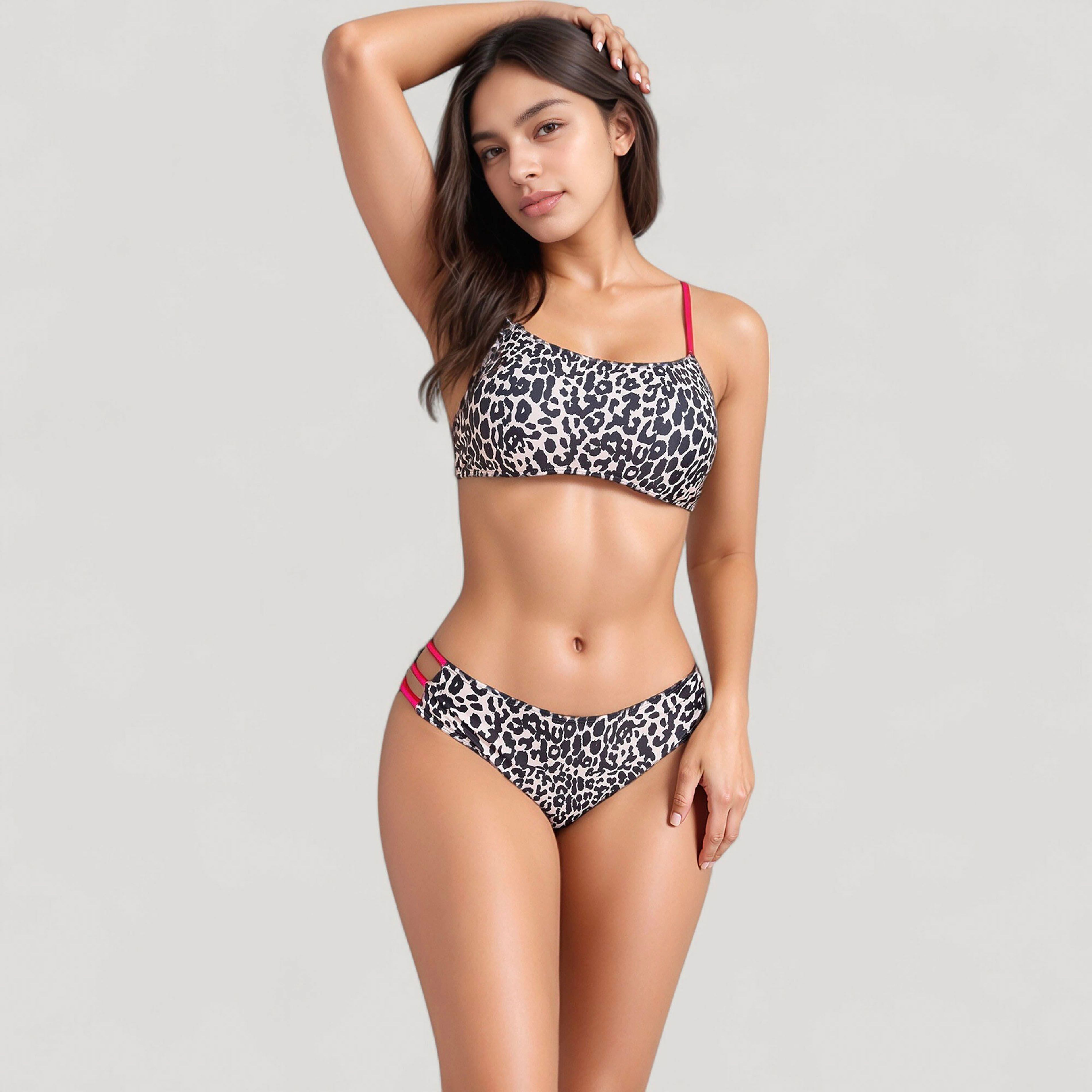 Anna-Kaci Women’s Leopard Print Bikini Set - Scoop Neck Top, Adjustable Straps, High-Waist Cutout Side Bottoms
