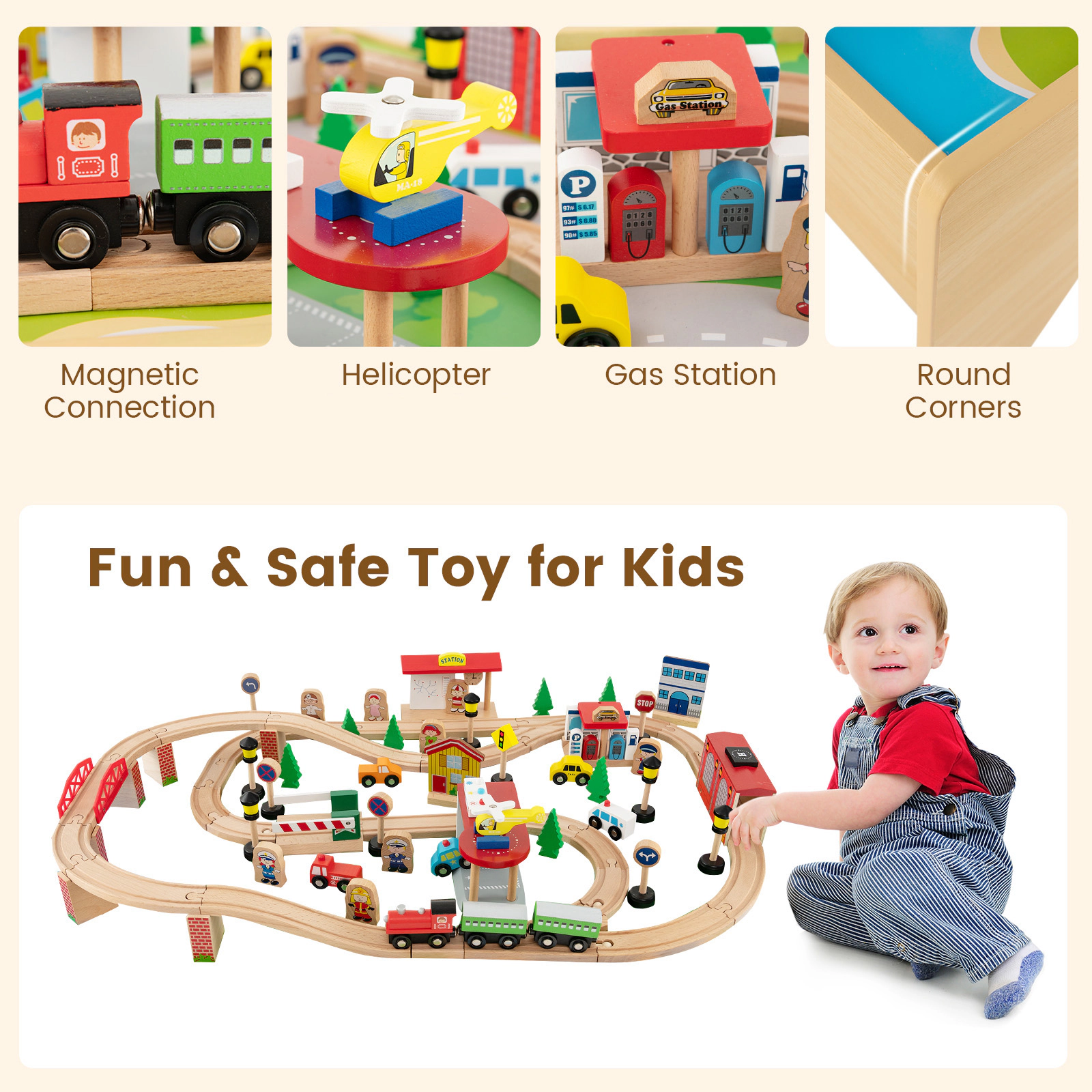 SUGIFT 84-Piece Wooden Train Set Activity Table with Reversible Top 38-in Long Ages 18M+ Natural Interactive Toy