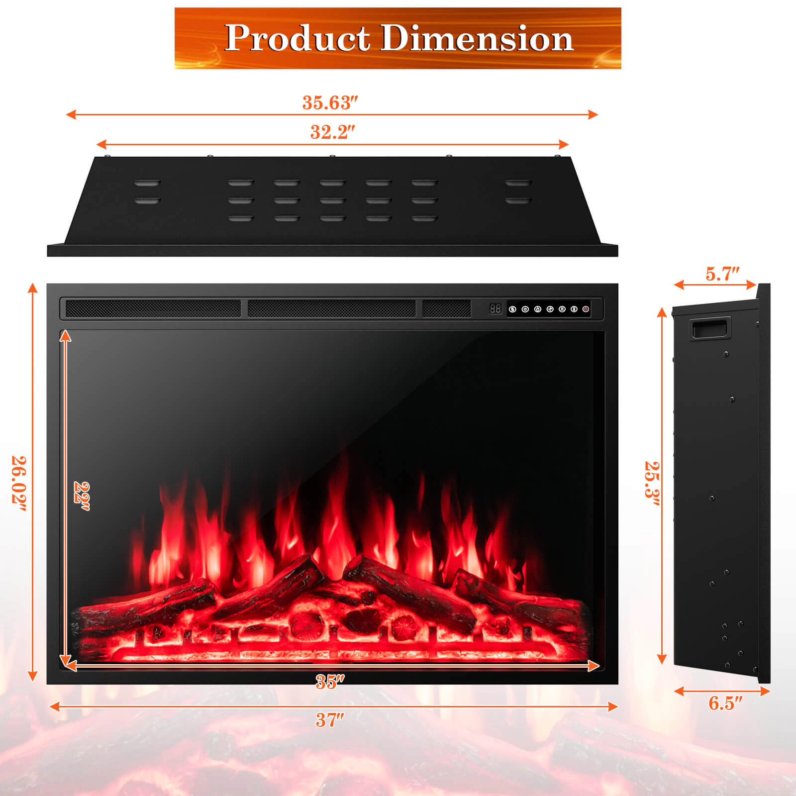 SUGIFT Adjustable Flame Electric Fireplace Recessed Heater 34- or 37-in Black 5100-BTU 750W/1500W with Timer and Remote
