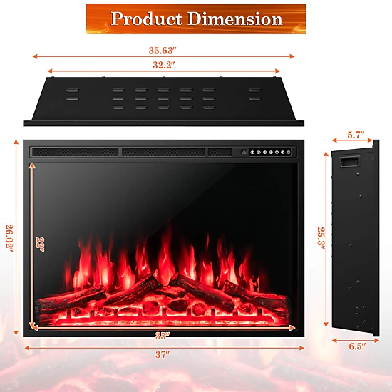SUGIFT Adjustable Flame Electric Fireplace Recessed Heater 34- or 37-in Black 5100-BTU 750W/1500W with Timer and Remote