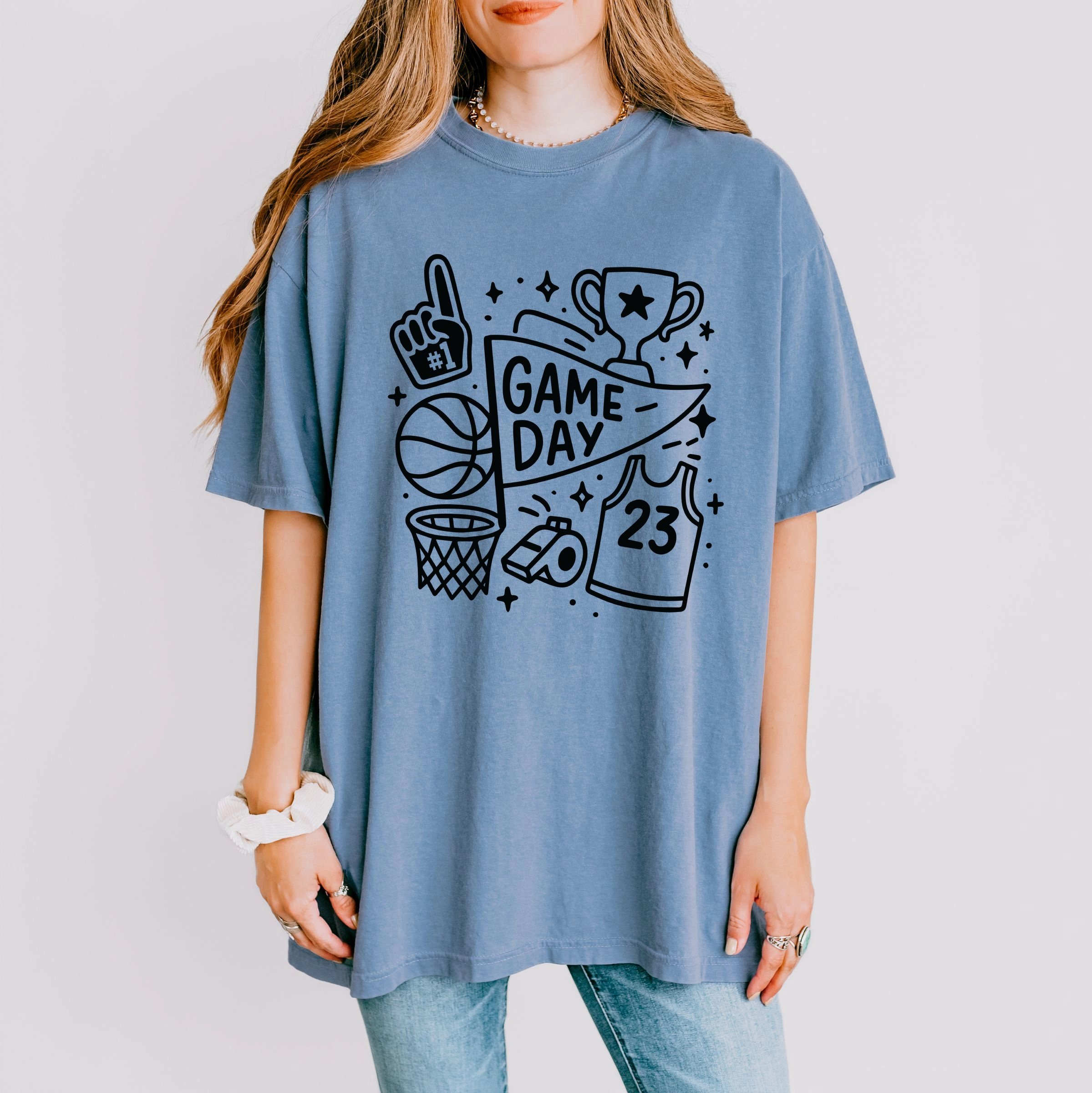 Simply Sage Market - Women's Garment Dyed Graphic T-Shirt Basketball Game Day Doodles