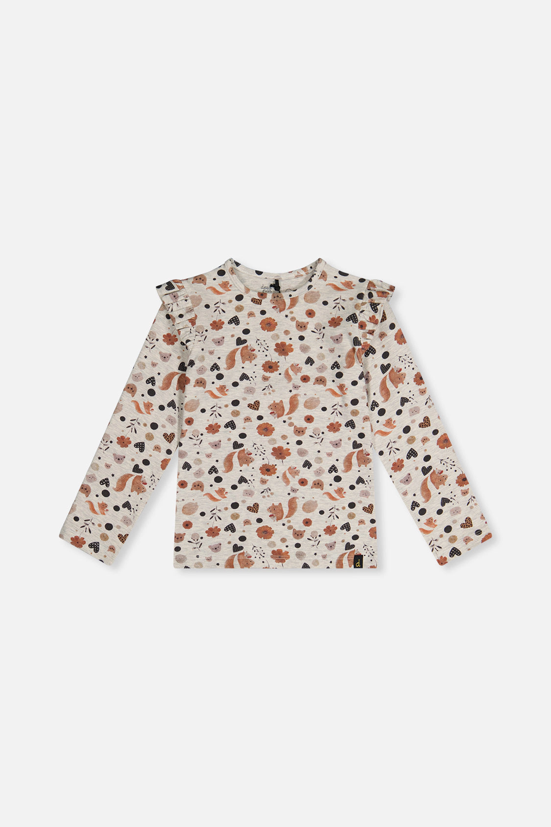 Deux par Girls Squirrel Print Ruffle-Shoulder Organic Cotton Long Sleeve T-Shirt