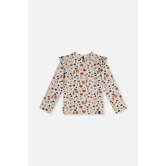 Deux par Deux Girls Squirrel Print Ruffle-Shoulder Organic Cotton Long Sleeve T-Shirt