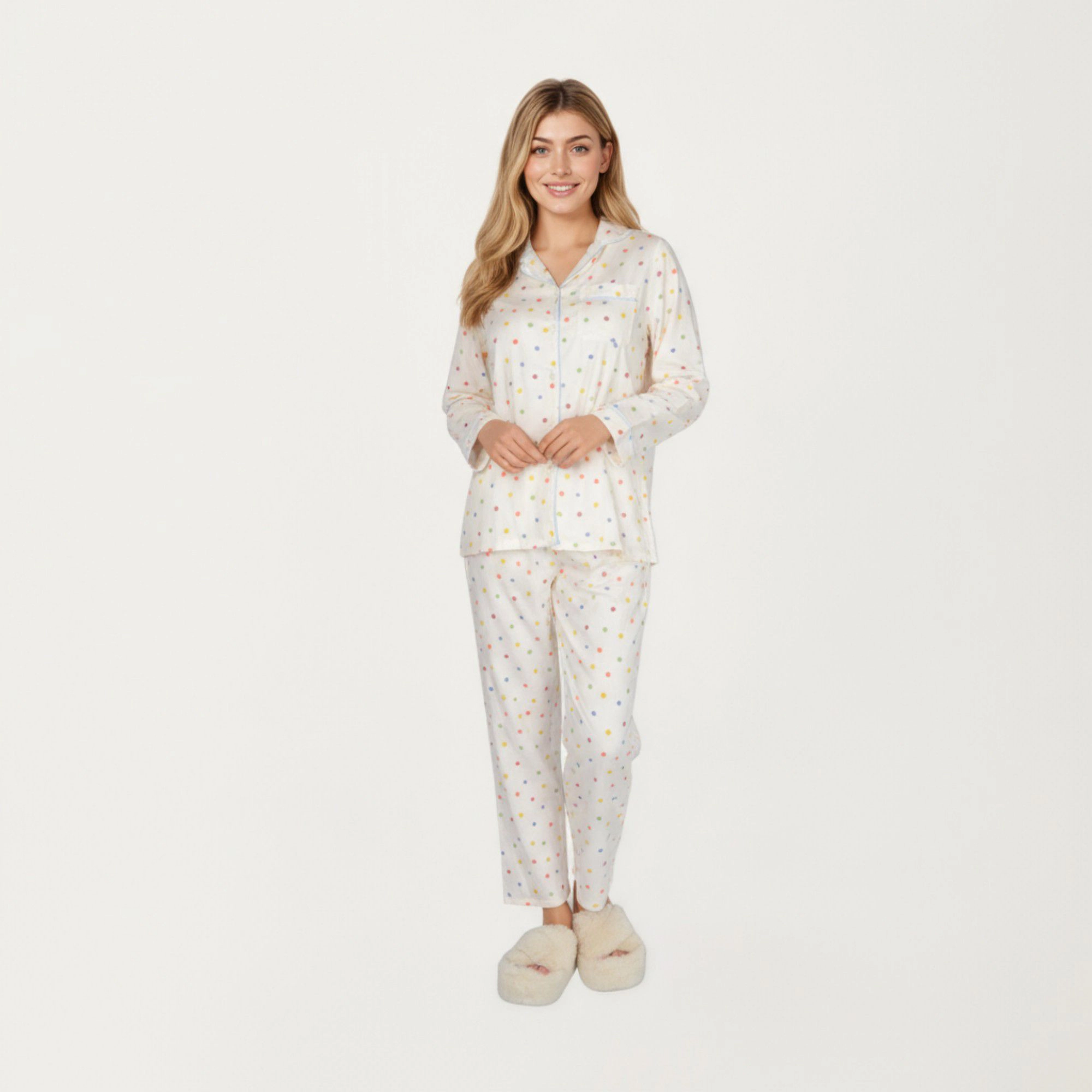 Anna-Kaci Women's 2-Piece Polka Dot Print Button Up Long Sleeve Pajama Top and Matching Pants