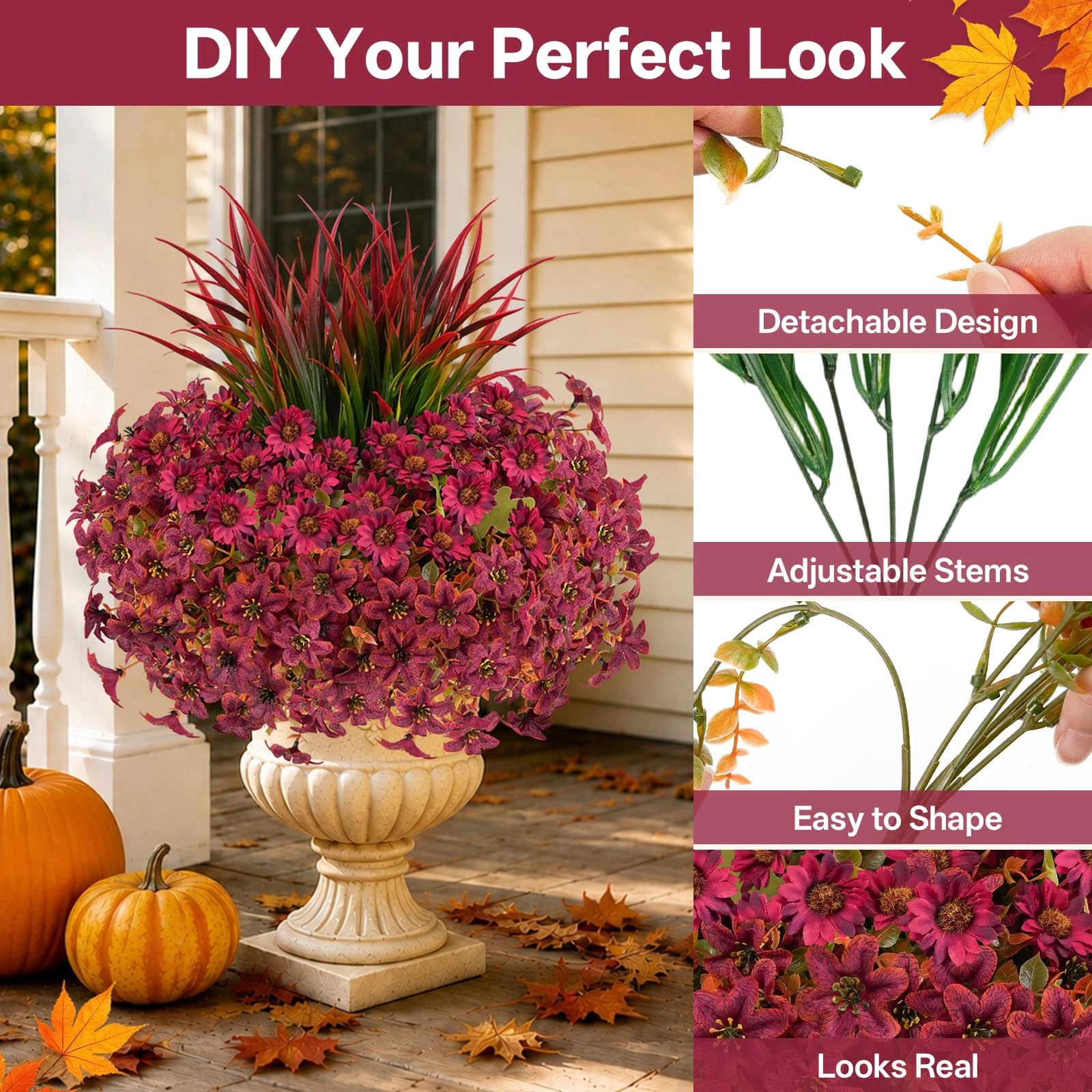 PUPWE 18 Artificial Fall Flowers For Outdoors  Faux Mums With Grass