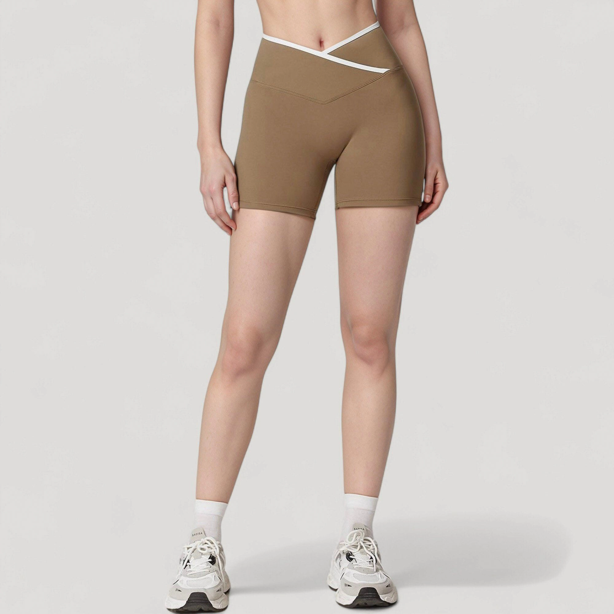 Anna-Kaci Women's High Waist Crossover Athletic Shorts with Stretch Fabric and Flattering V Front Waistband