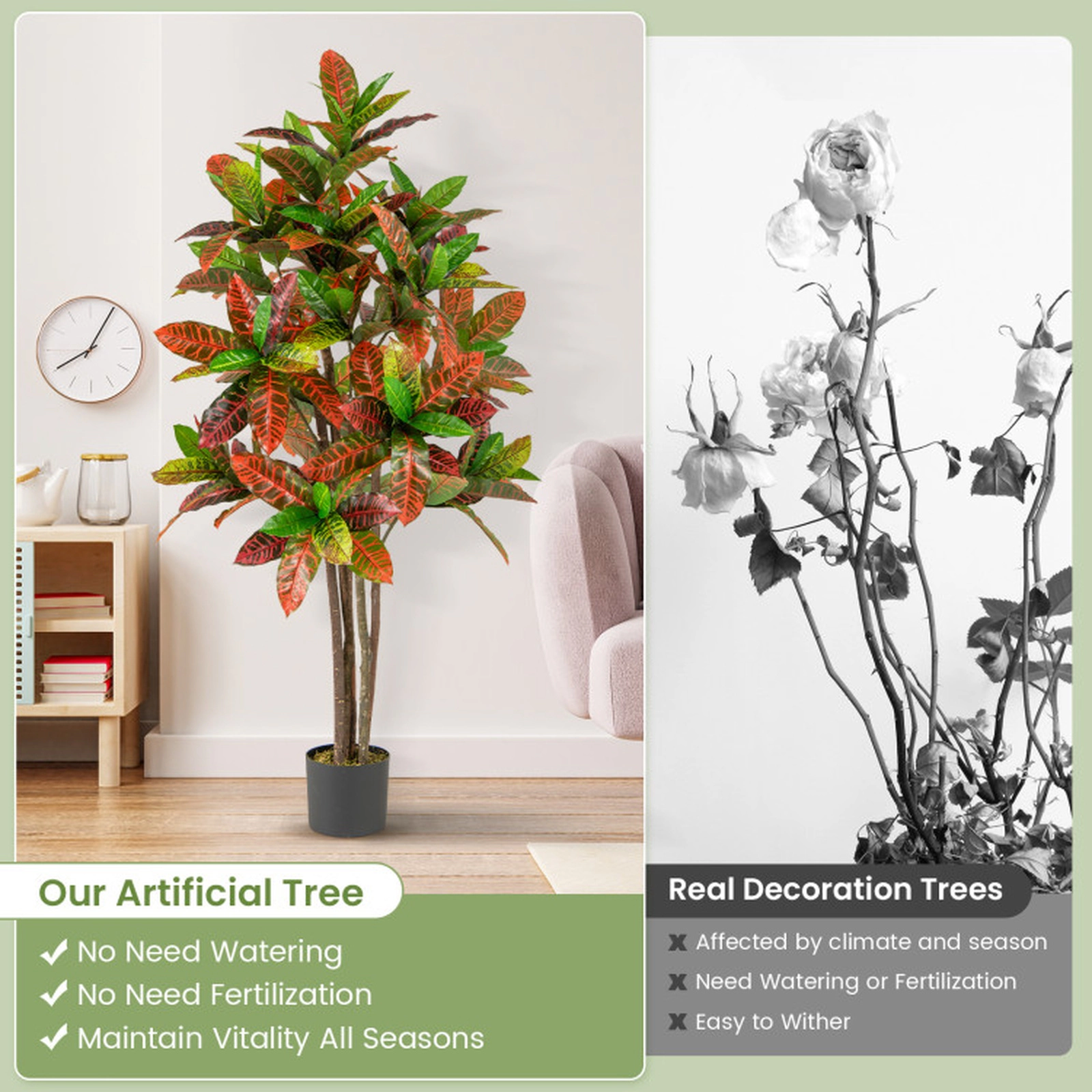 SUGIFT 5-ft Tall Artificial Croton Plant with Gradient Leaves and Nursery Pot 2-Pack 59-in Height Green+Red+Yellow+Brown