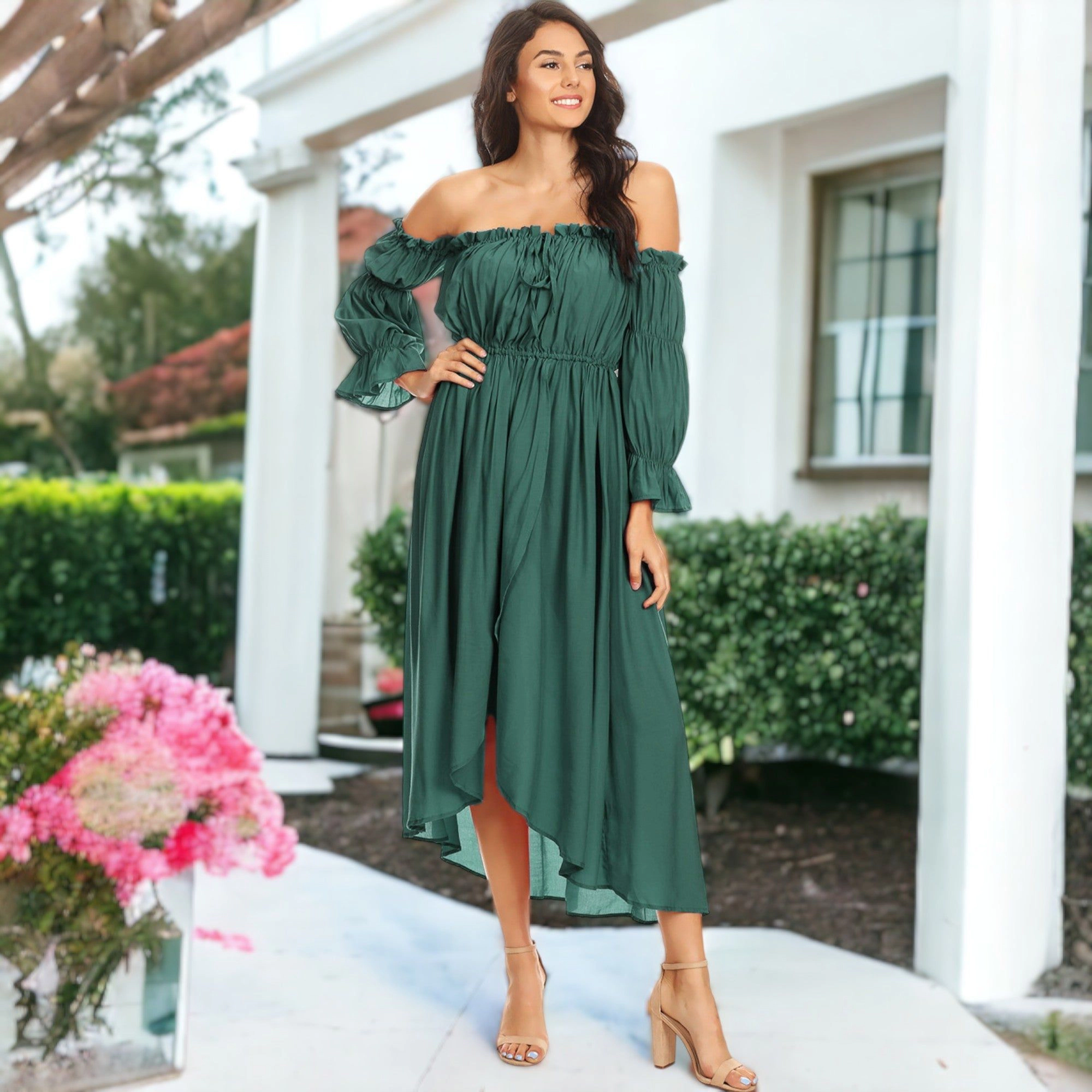 Anna-Kaci Women's Boho Off Shoulder Long Sleeve Renaissance Dress