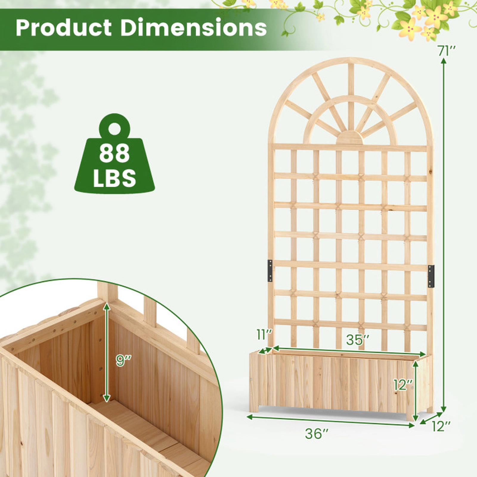 SUGIFT Natural Wood Raised Garden Bed with 71-in Lattice Trellis Privacy Screen 36-in W 12-in D 88-lb Box Capacity