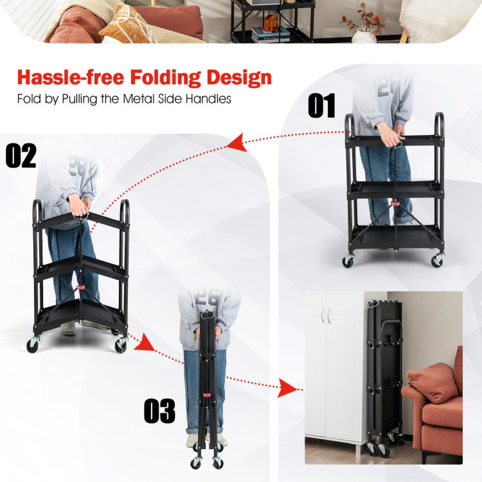 SUGIFT 3-Tier Folding Metal Frame Lockable Wheels Rolling Service Cart 24-in x 16-in x 38.5-in 33-lb per Shelf Black