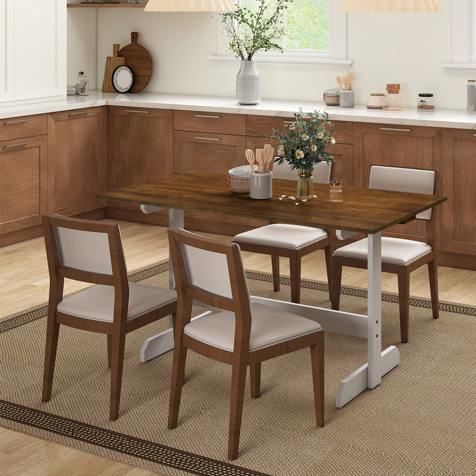 LJG 55 Inch Dining Table for 4-6 People Rectangular Kitchen Table with Solid Wood Trestle Base