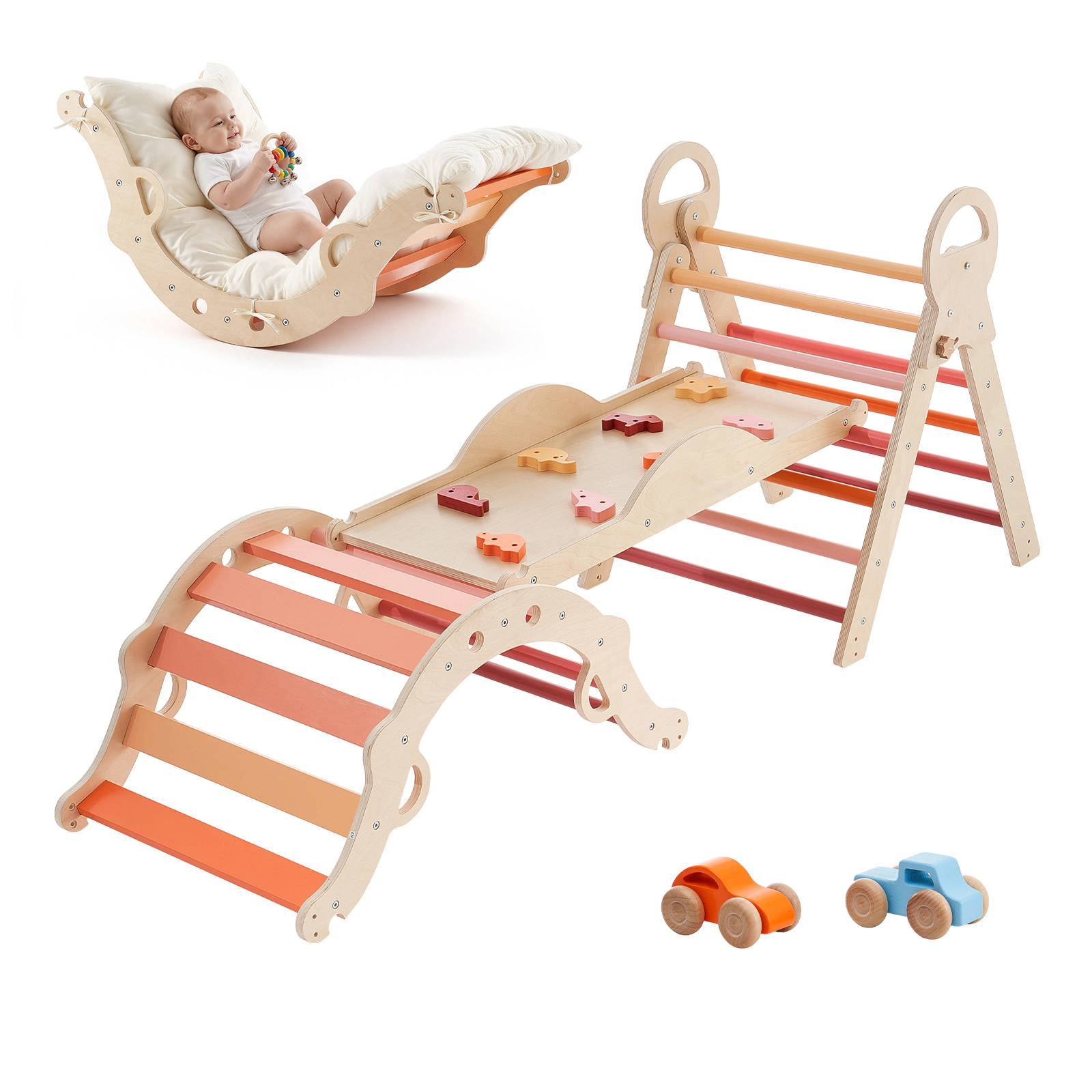 HONGGE Pikler Triangle Set 9-in -1 Toddler Climbing Toys Indoor with 2 Wooden Cars Cushion Triangle Arch and Ramp 150