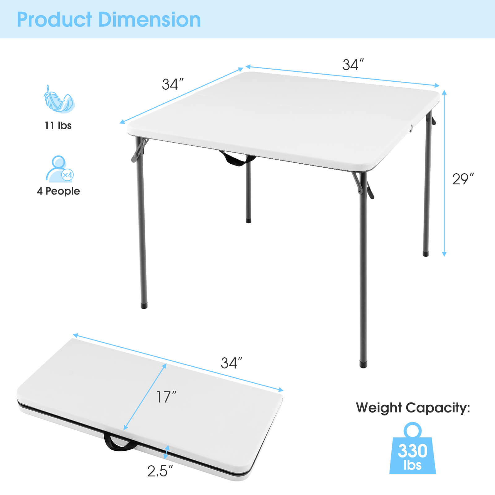 SUGIFT 34-Inch Square Folding Outdoor Camping Table, HDPE Top, Rustproof Steel Frame