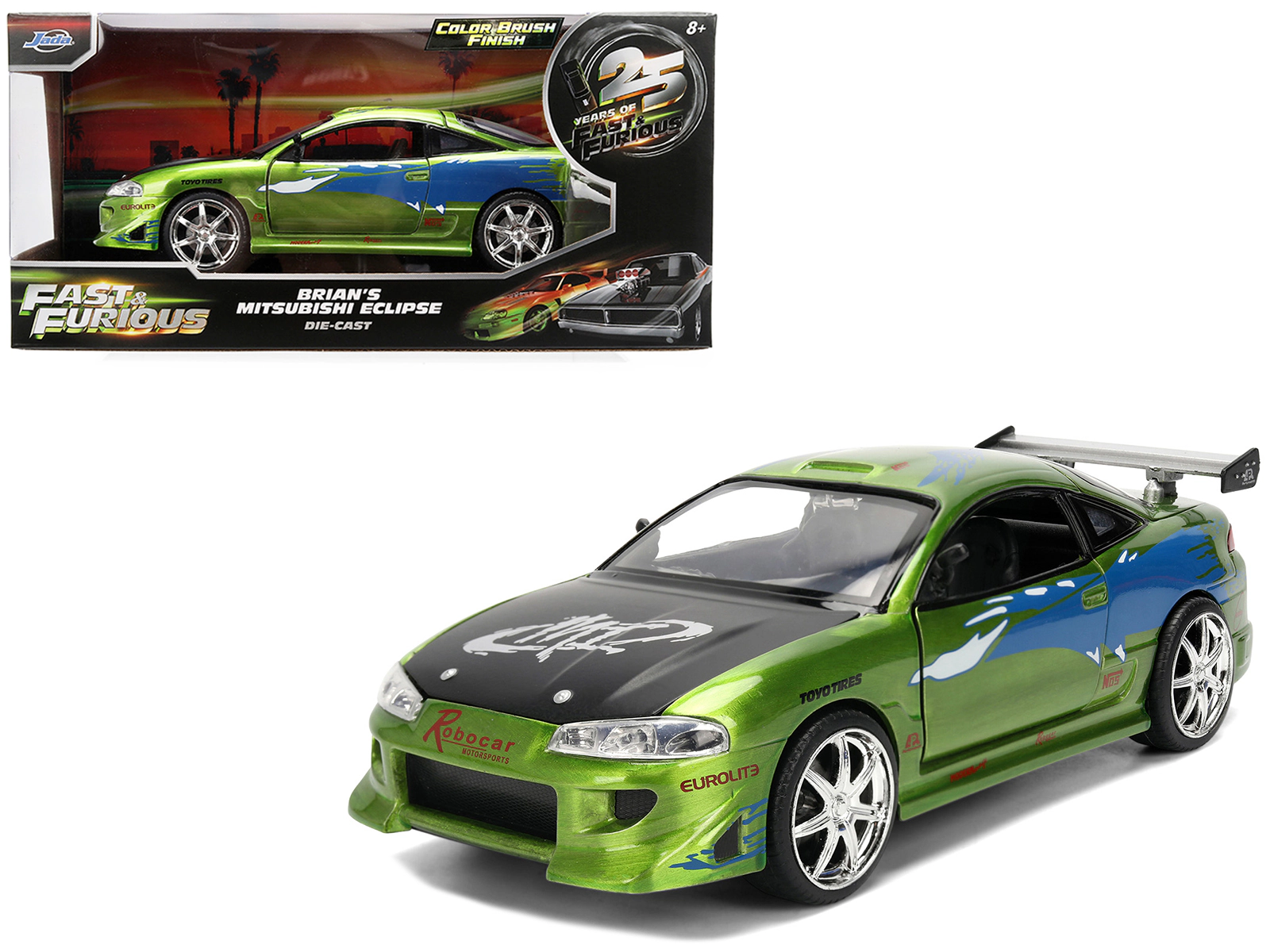 Jada Brian's Mitsubishi Eclipse Green Brush Finish "The Fast and the Furious" (2001) Movie 25 Years of Fast &