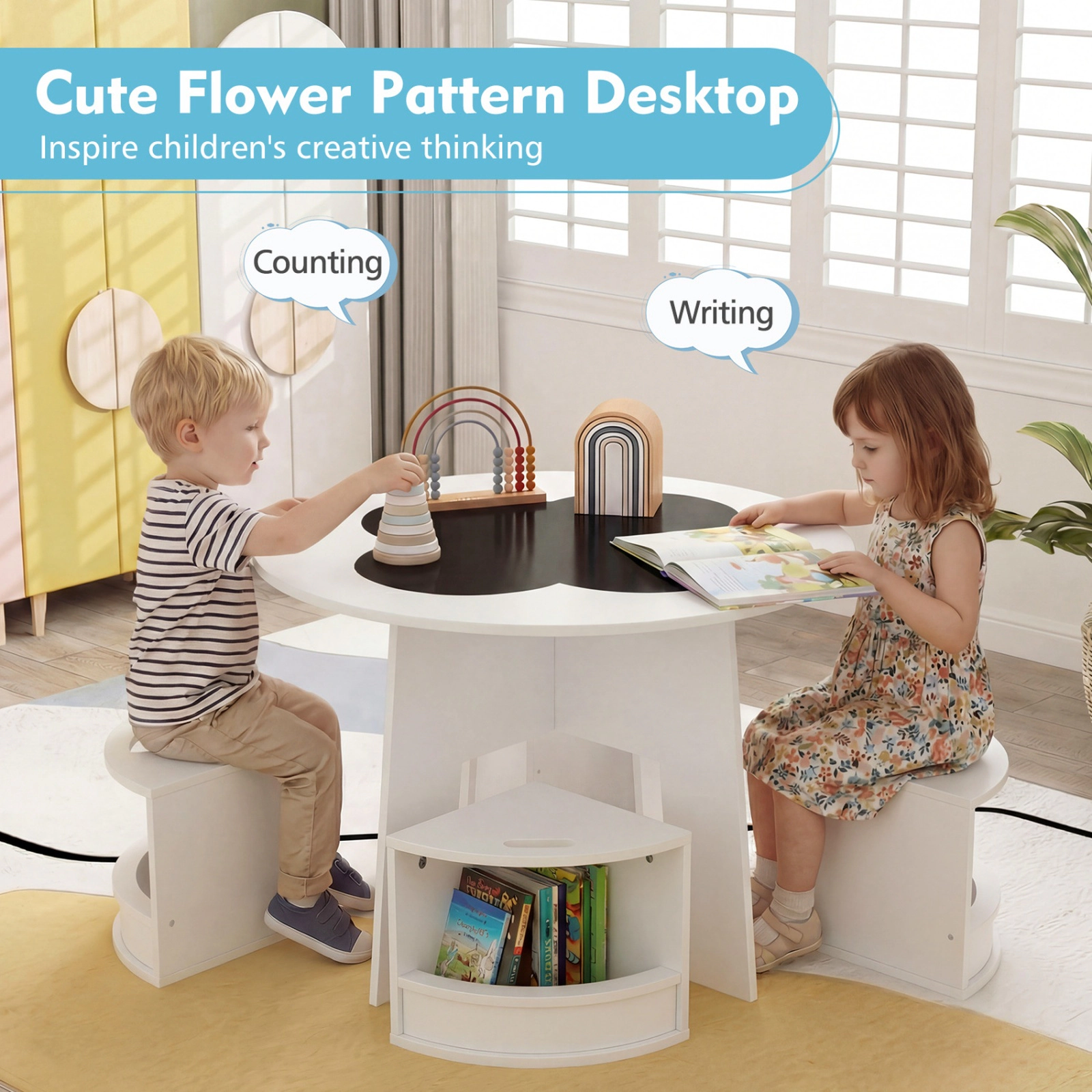 SUGIFT Space-Saving Kids Round Table and Chair Set 66-lb Tabletop Capacity Ages 3+ White