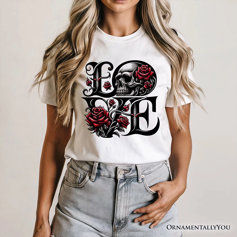 OrnamentallyYou Unisex Gothic Love Skull Roses Dark Valentine Romance T-Shirt