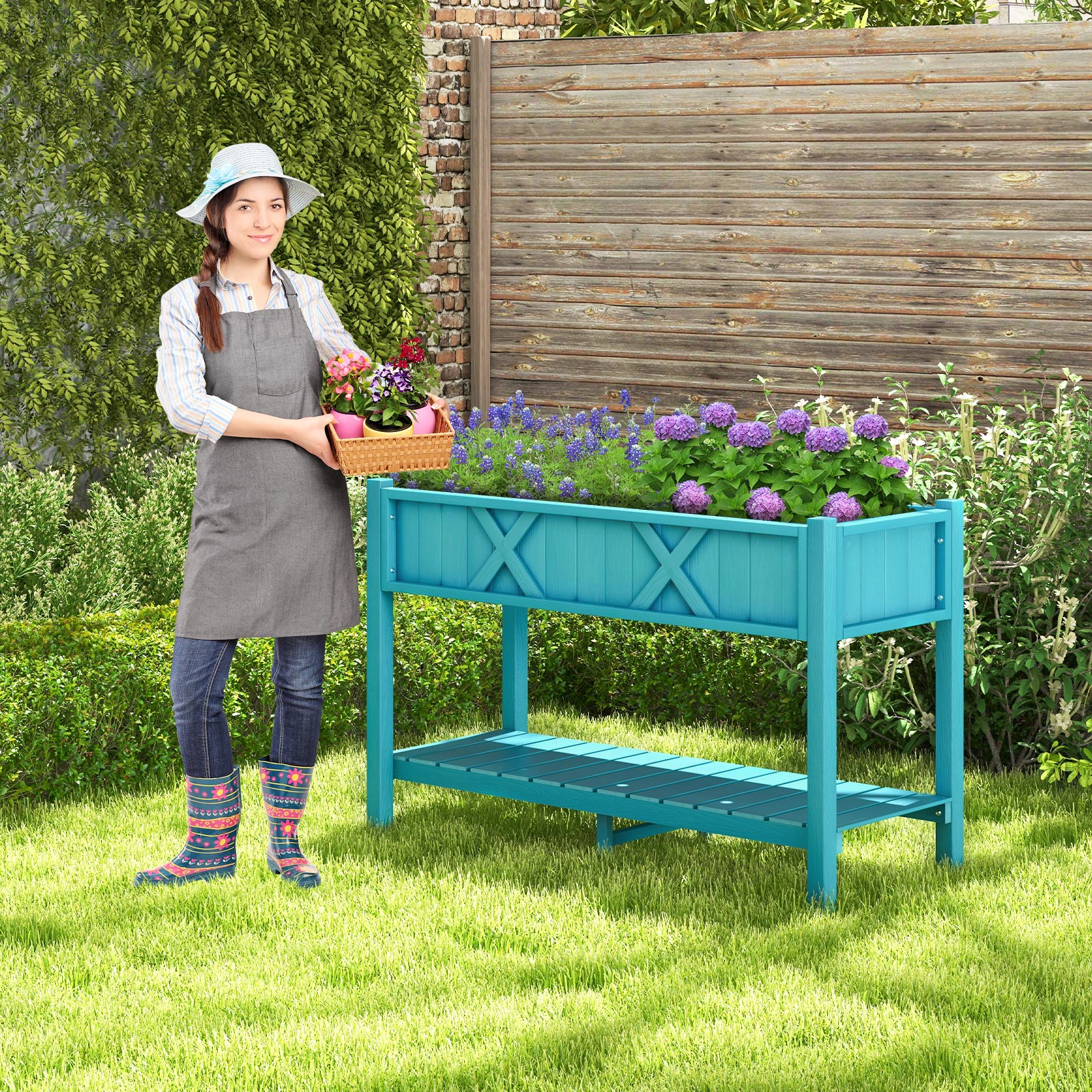 SUGIFT Poly Wood Elevated Planter Box with Legs and Storage Shelf 110-lb Planter 66-lb Shelf Blue