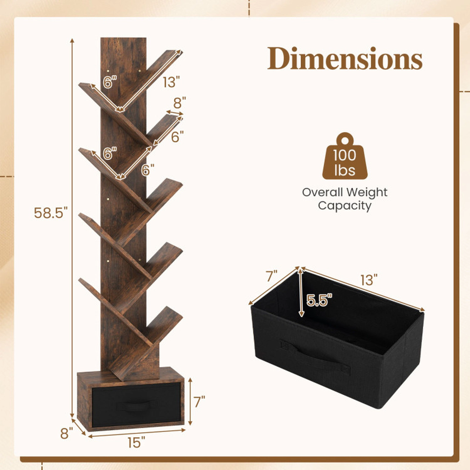 SUGIFT 10-Tier Tree Bookshelf with Drawer Freestanding Storage Bookcase 58.5-in Tall 100-lb Capacity Rustic Brown Black