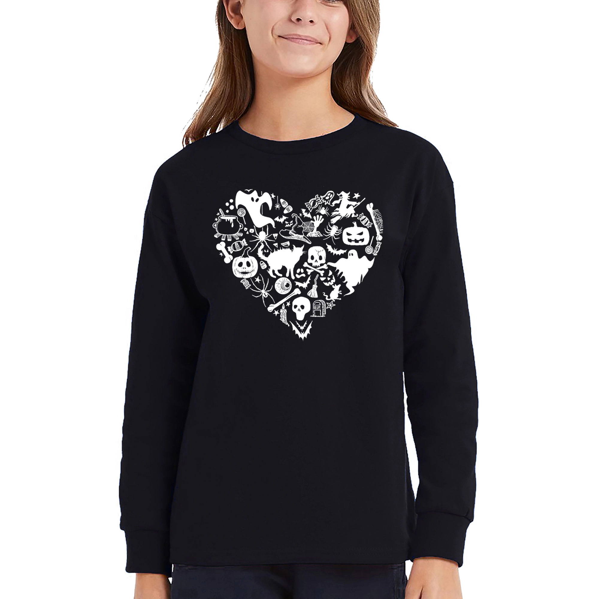 LA Pop Art Girls Long Sleeve Word T-Shirt - Halloween Heart
