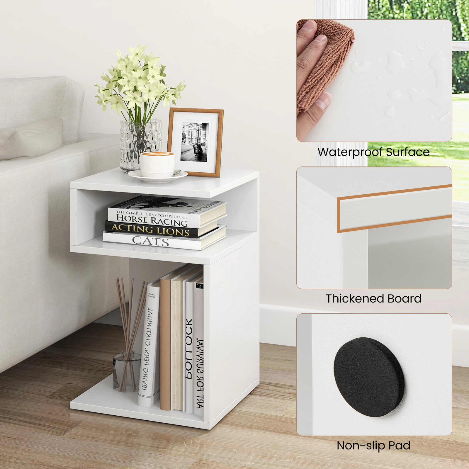 Glintex S-Shaped Side Table with 2 Open Compartments and PVC Edge Banding, White
