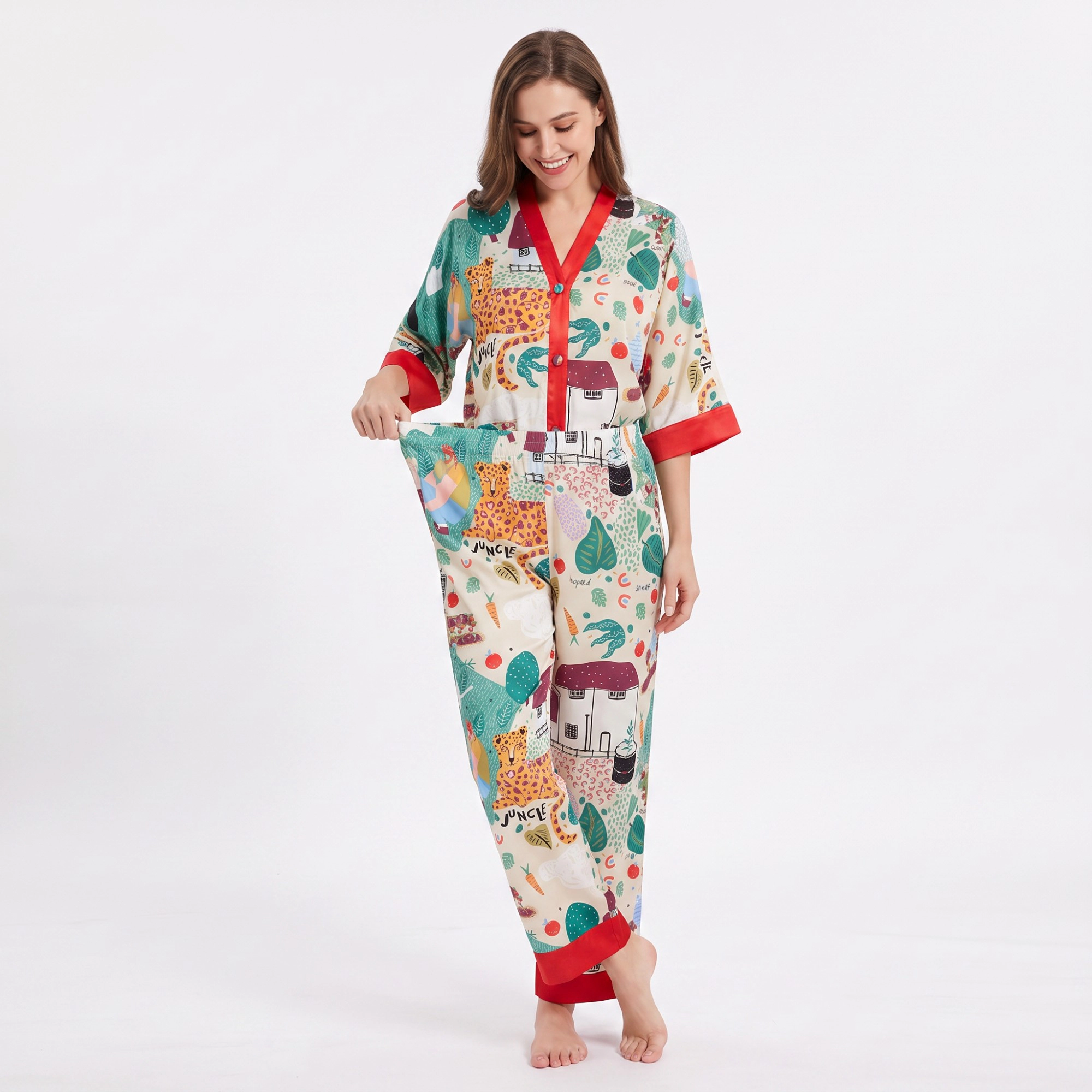 Anna-Kaci Women's 2-Piece Printed Pajama Set Button Front Short Sleeve Sleep Shirt and Long Pants