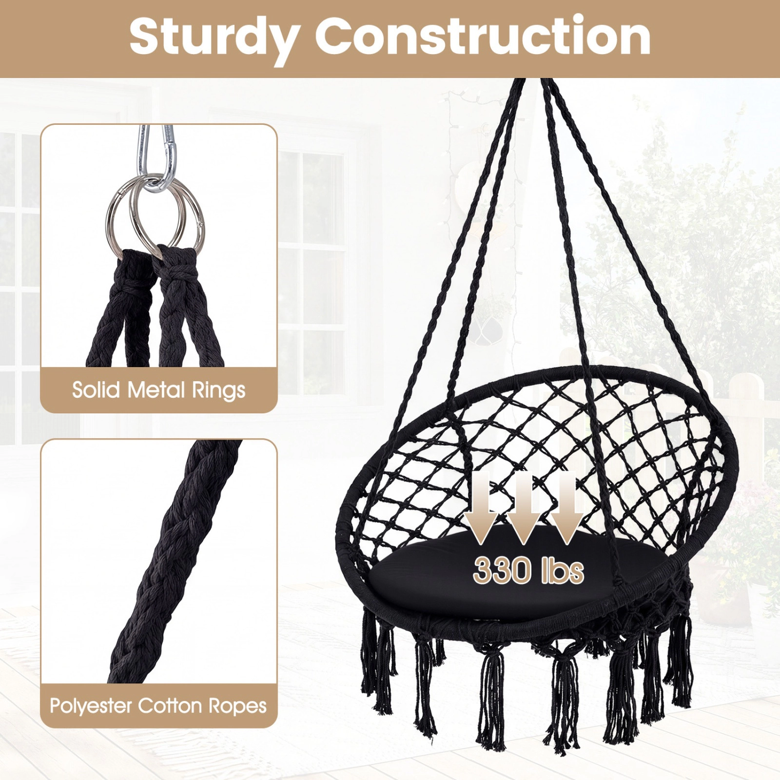 SUGIFT Macrame Hammock Swing Chair with Round Seat Cushion