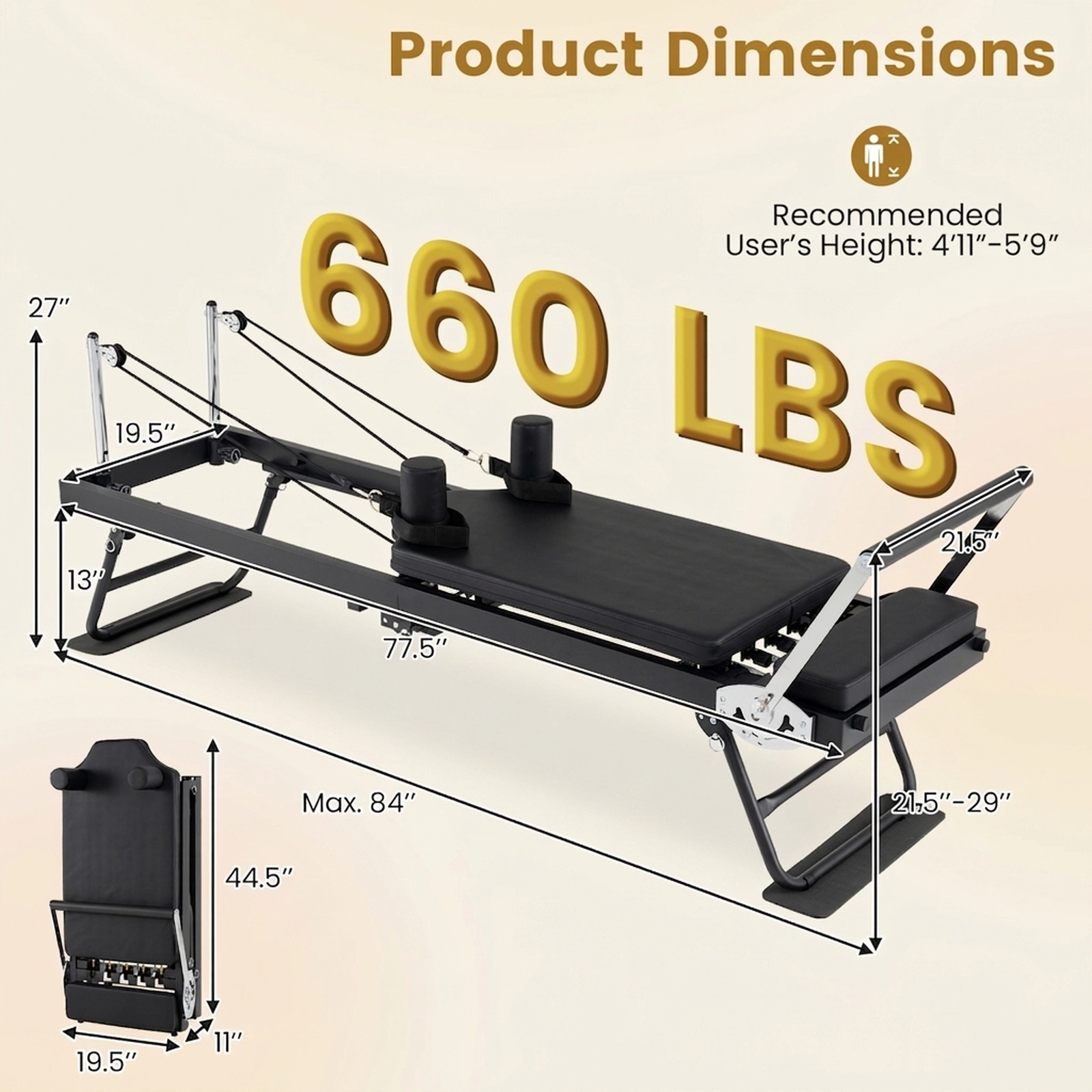 SUGIFT Black Adjustable Footbar 660-lb Foldable Pilates Reformer Machine for Home Gym