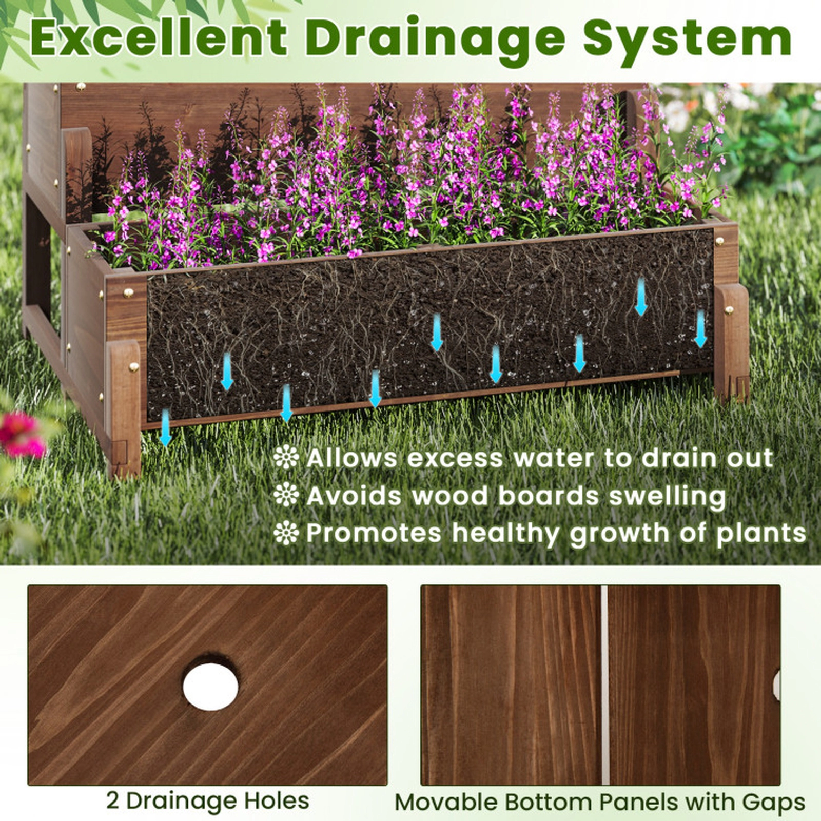 SUGIFT Space-Saving Raised Garden Bed with Trellis 2-Tier Planter Box 110-lb Capacity Rustic Brown
