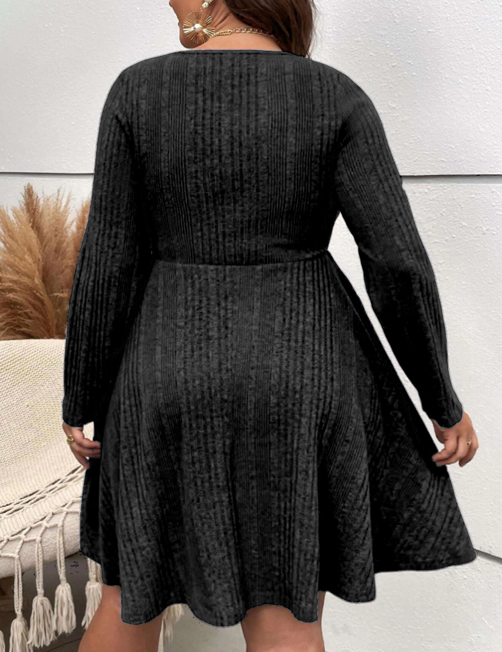 KOJOOIN Womens Plus Knit Dress Square Neck Swing Midi Curvy Textured Elegant A‑Line Dresses