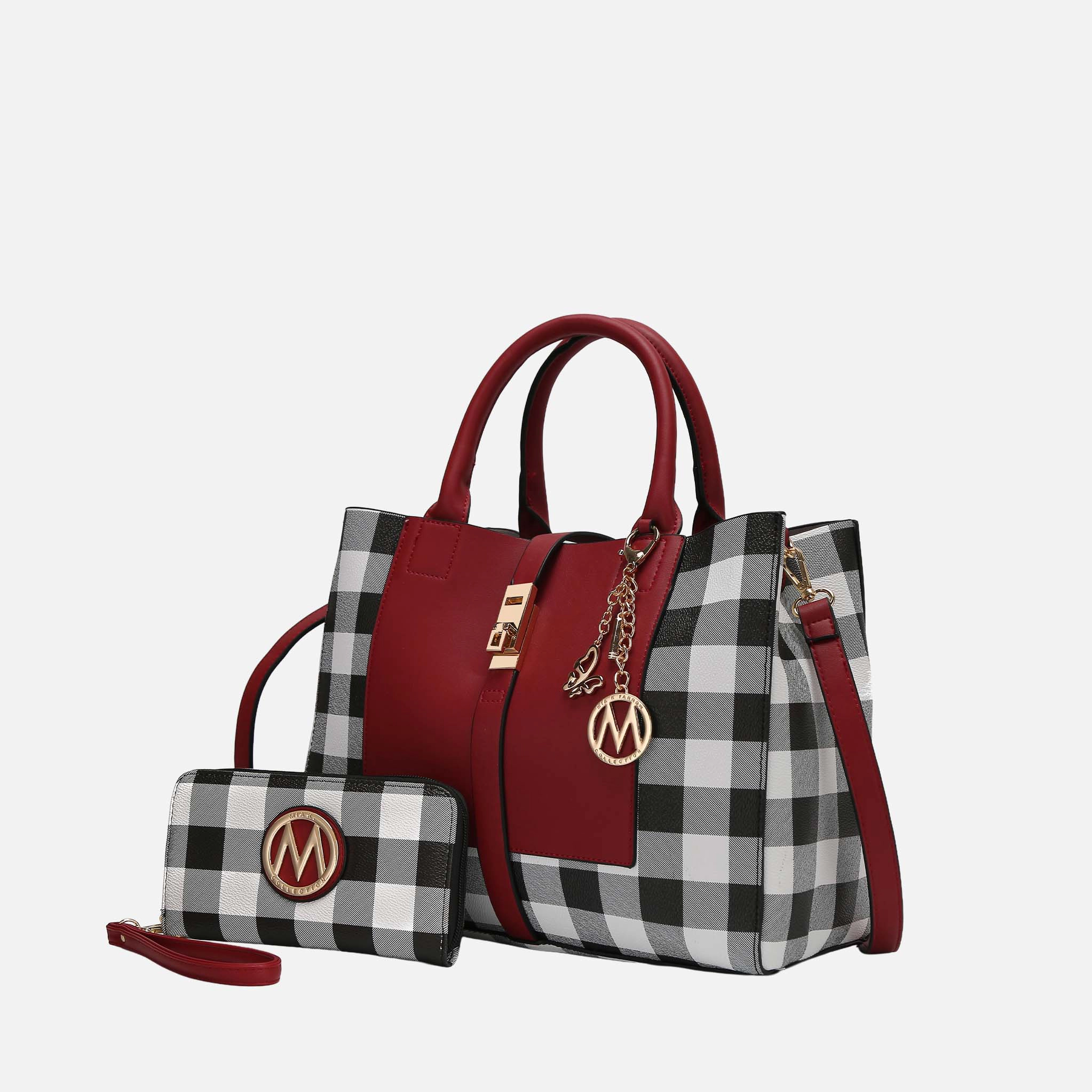 MKF Collection by Mia K Yuliana Checkered Vegan Leather Satchel with Matching Wallet - Red