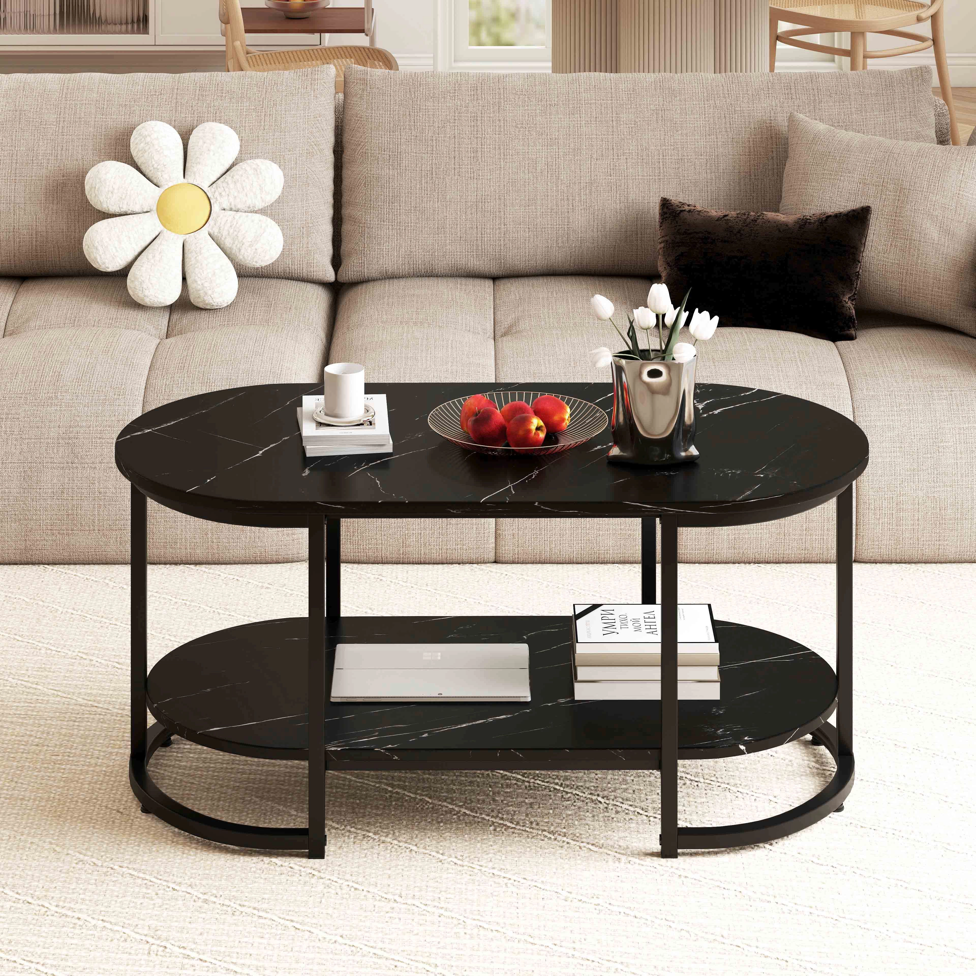 SlickBlue Marble Coffee Table with Open Storage Shelf
