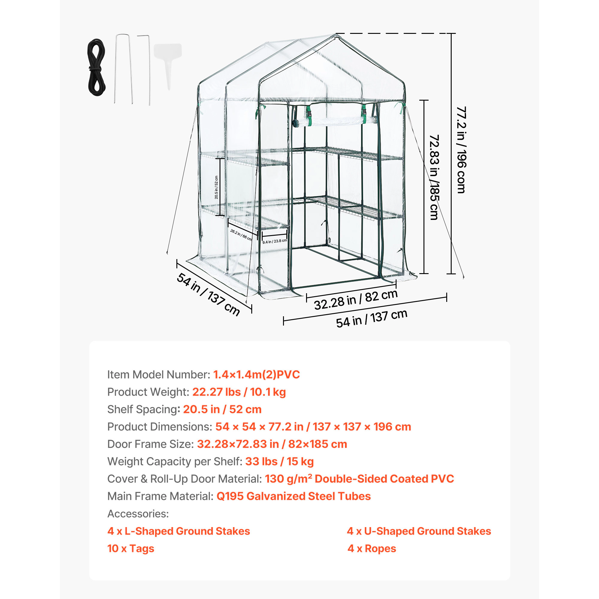 HONGGE Walk-In Greenhouse, 54 x 54 x 77.2 in, Steel Frame with 10 Shelves & Clear PVC Cover for Outdoor Gardening